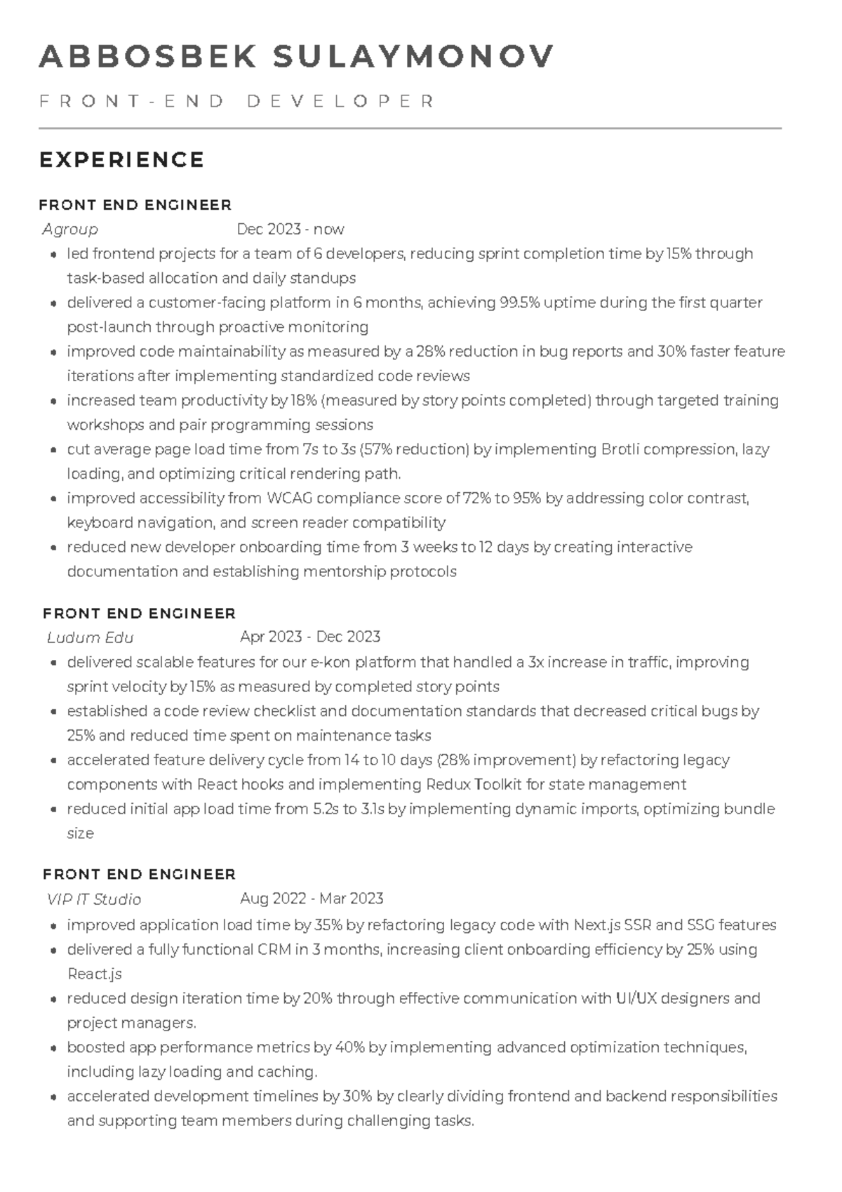 Abbosbek Sulaymonov: Front End Developer Experience Summary - Studocu