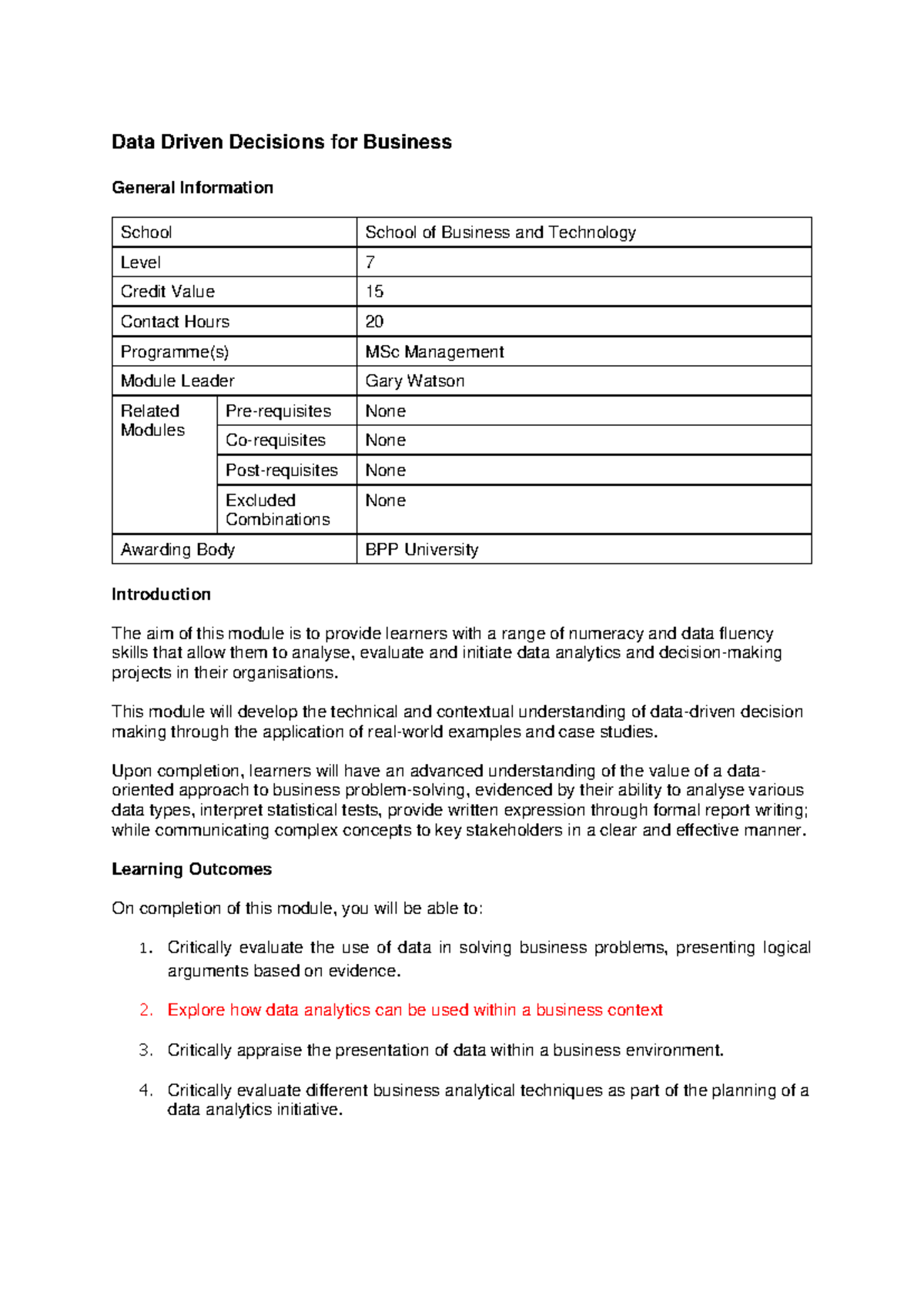 Module Outline - Data Driven Decisions for Business - Data Driven ...