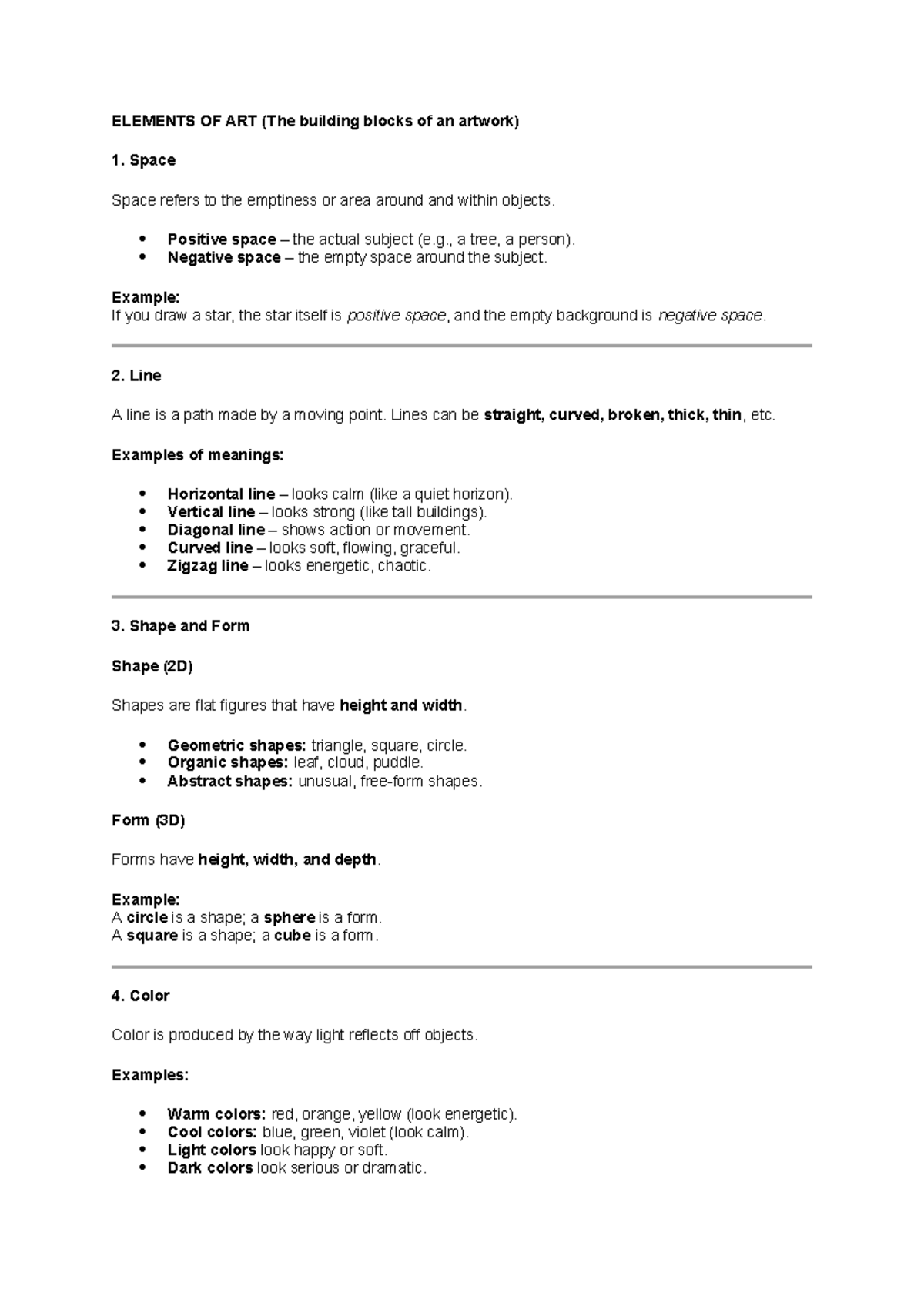 Elements of Art Notes: Understanding Space, Line, Shape, and Color ...