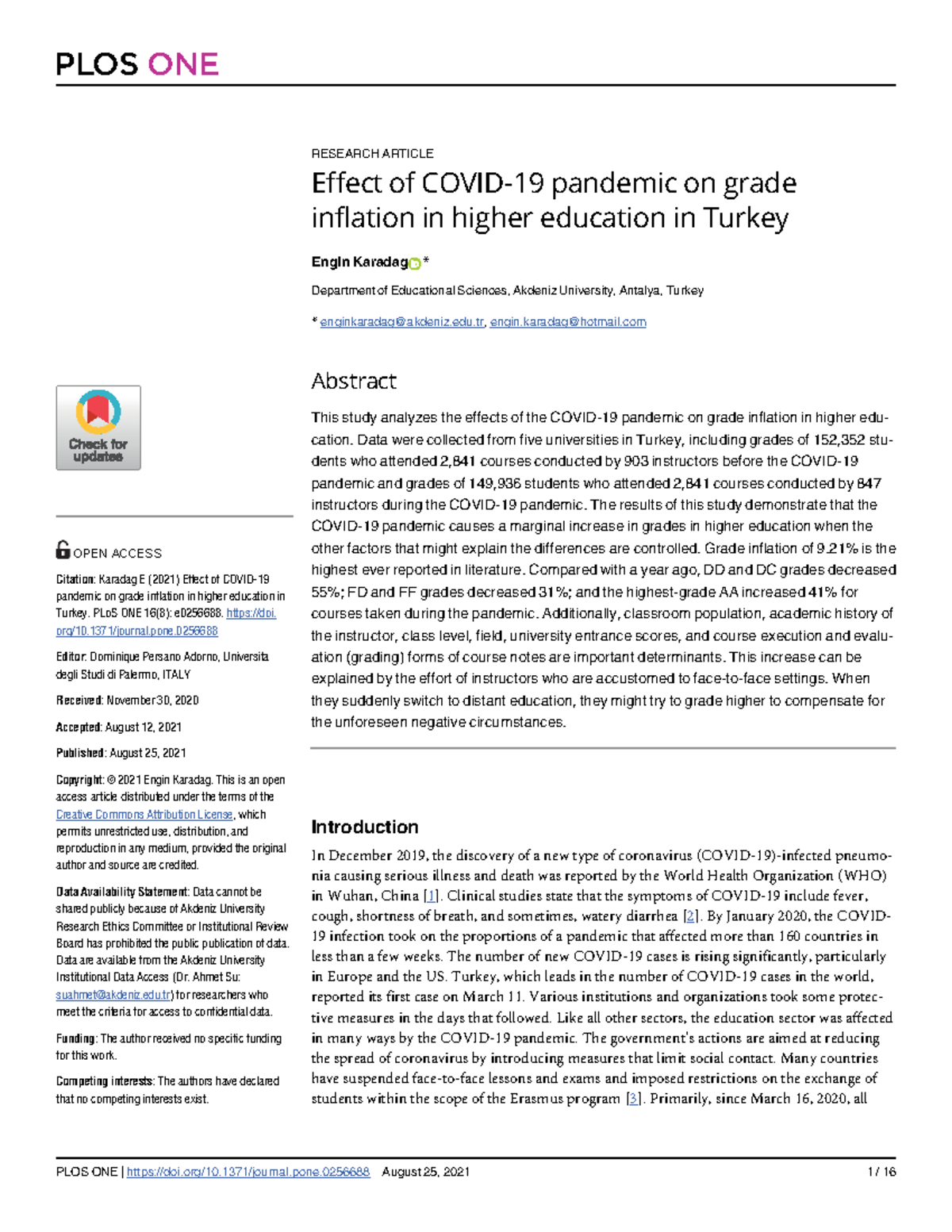 Journal - Covid - RESEARCH ARTICLE Effect of COVID-19 pandemic on grade ...