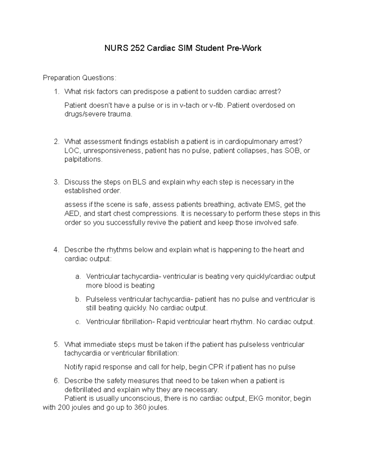 NURS 252 Cardiac SIM Pre-Work: BLS, Arrest Rhythms, and ACLS Meds - Studocu