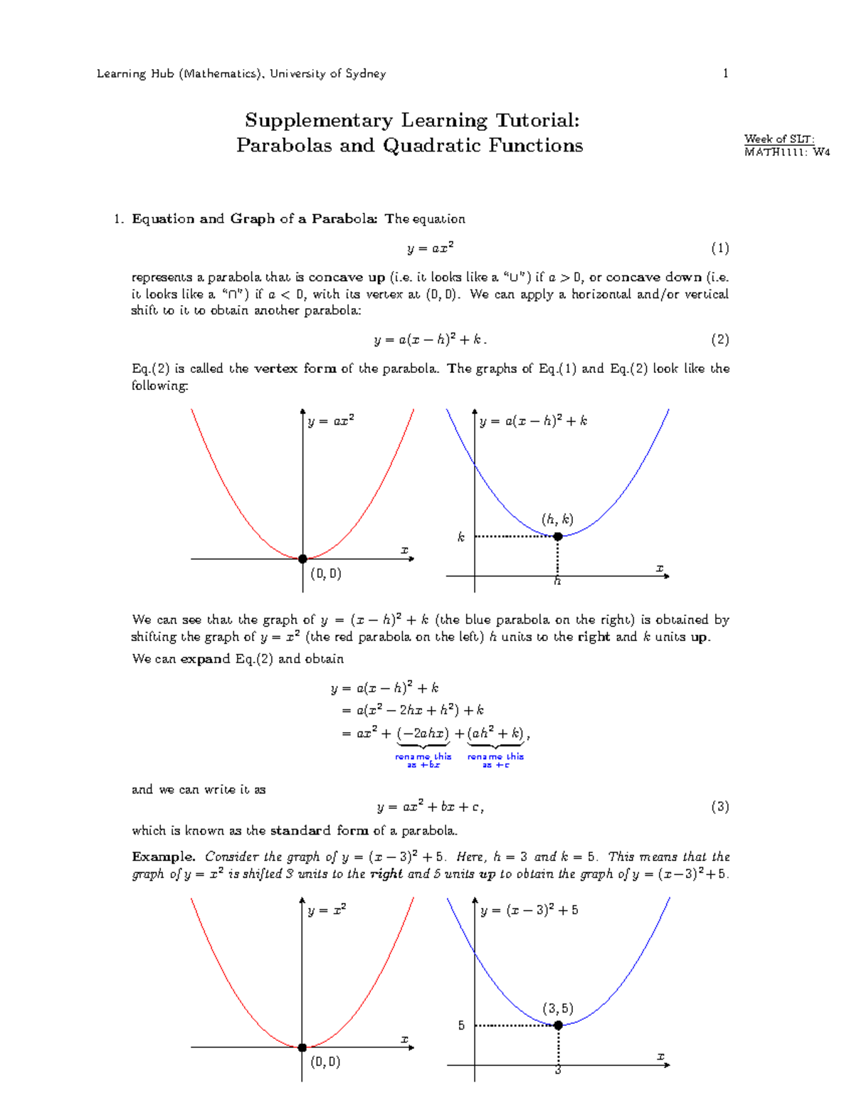 MATH1111 SLT W4: Parabolas & Quadratic Functions Guide - Studocu