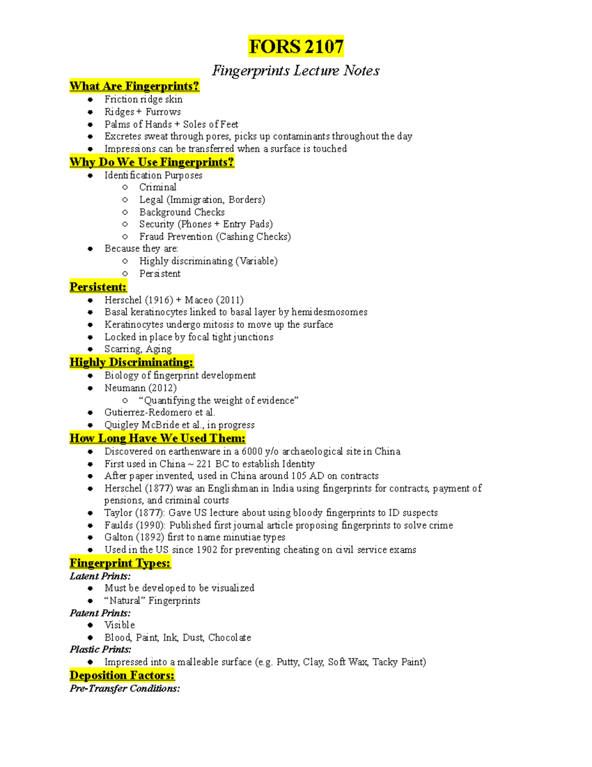 FORS 2107 Final Exam Fingerprints Lecture Notes and Key Concepts - Studocu