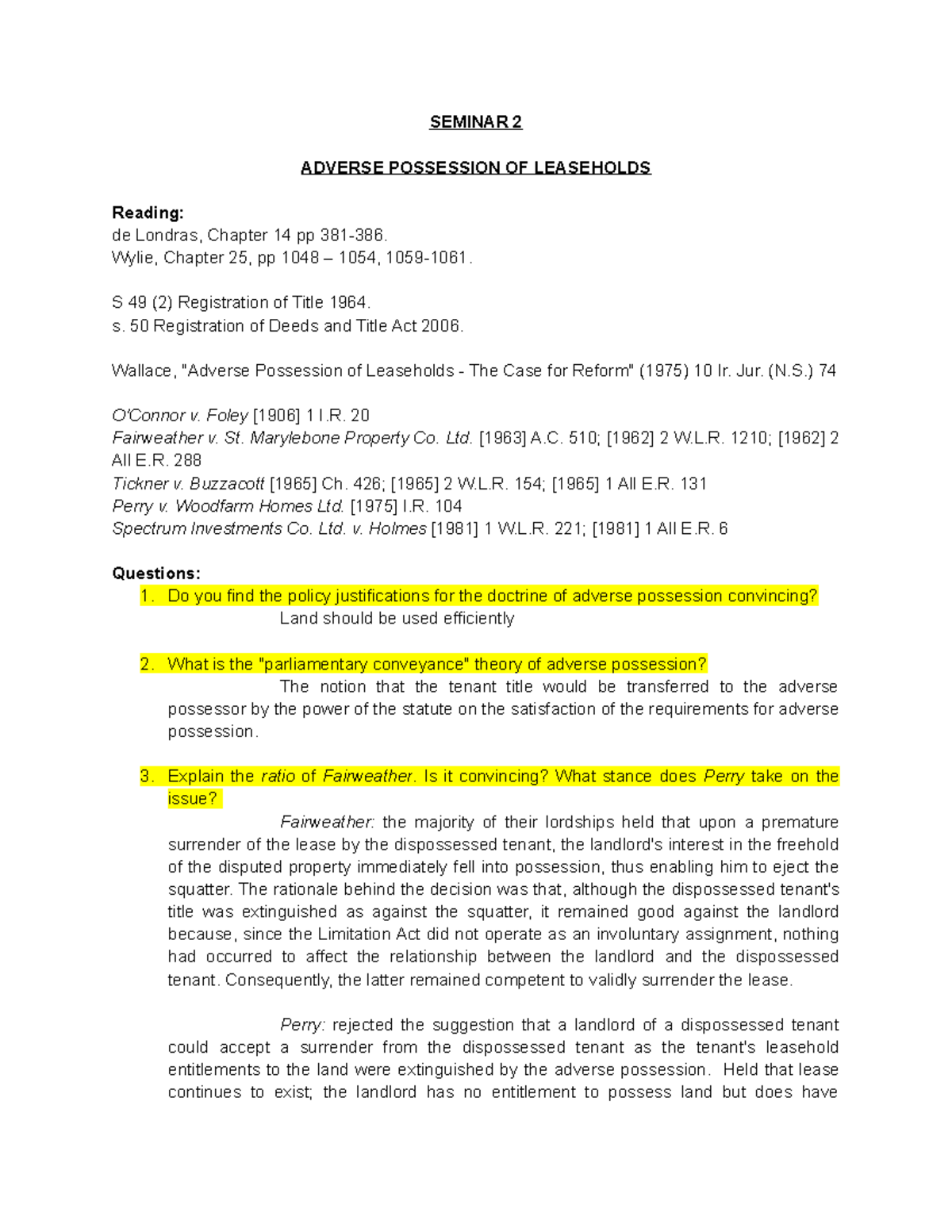 Adverse Possession of Leaseholds: LAND LAW Seminar 2 Prep Notes - Studocu