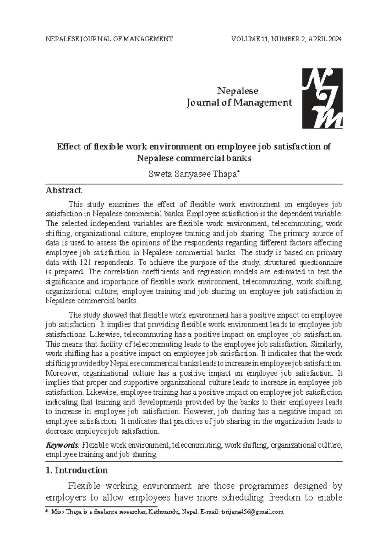Effect of Flexible Work Environment on Job Satisfaction in Nepalese ...