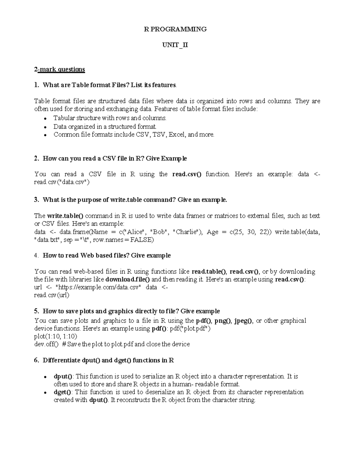 R PROGRAMMING - QB UNIT II: Key Concepts and Examples - Studocu