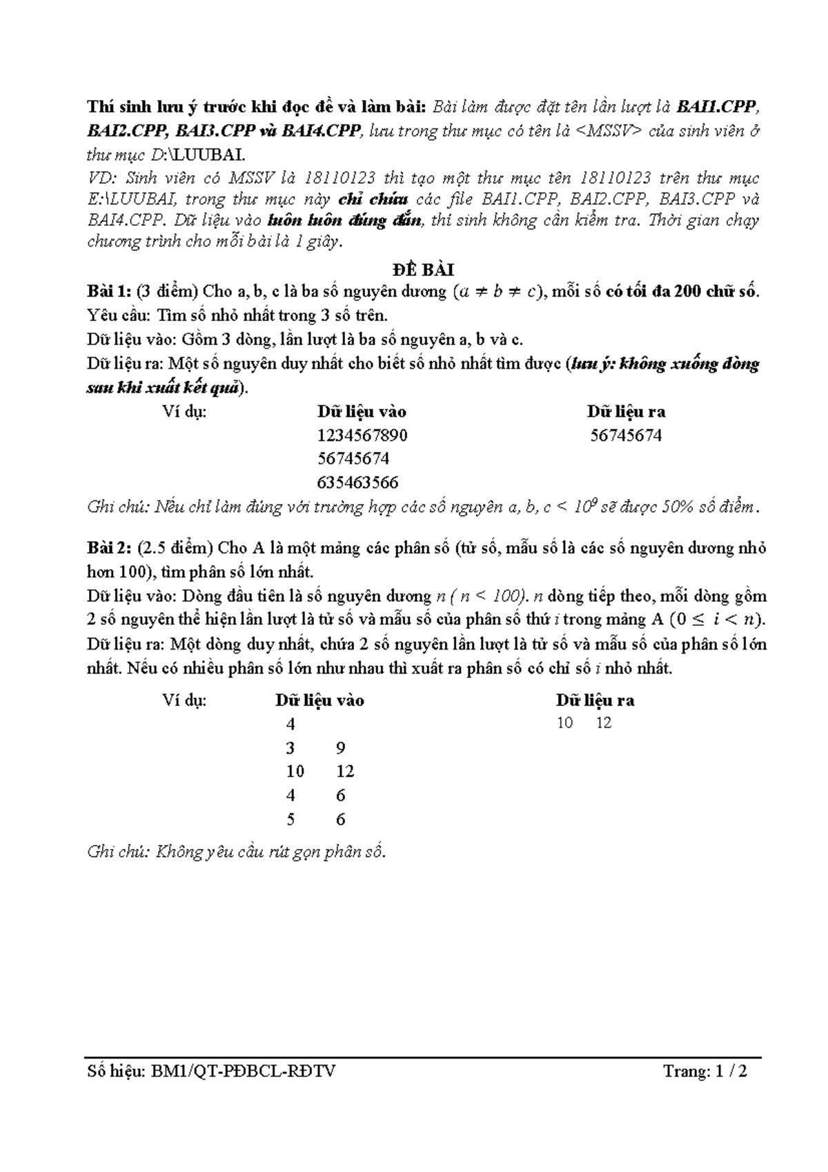 Đề Thi KTLT 2019: Bài Tập Lập Trình C++ (BAI1.CPP - BAI4.CPP) - Studocu