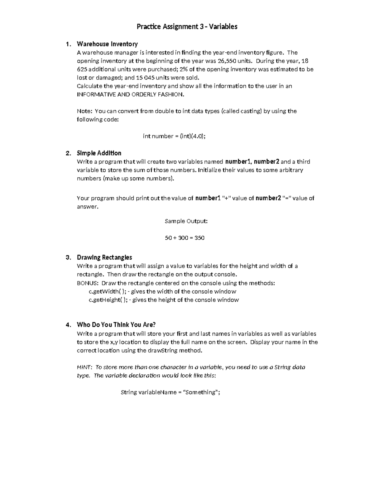 Practice Assignment 3: Variables & Warehouse Inventory Analysis - Studocu