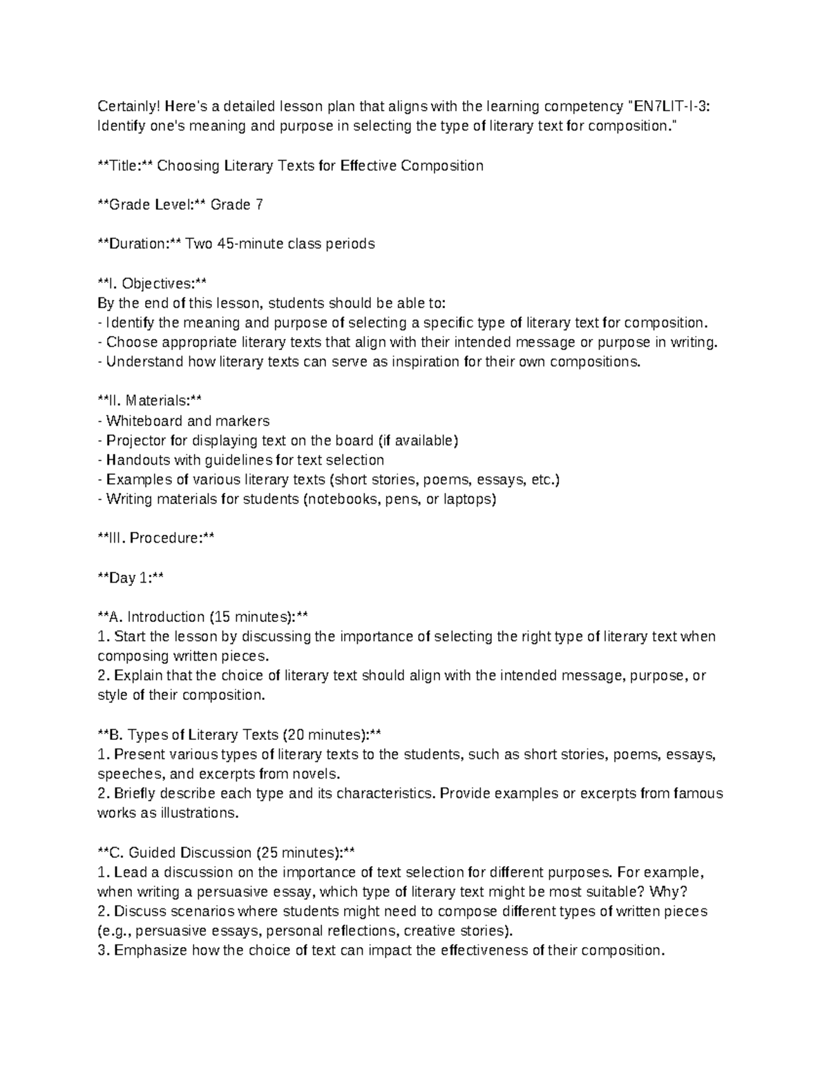 Grade 7 Lesson Plan: Selecting Literary Texts for Composition - Studocu