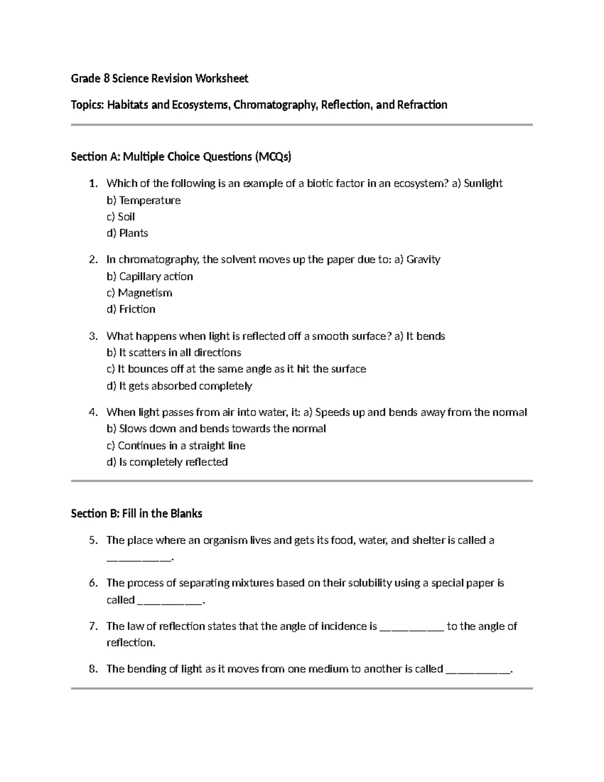 Grade 8 Science Reflection Revision Worksheet - Exam Prep - Studocu