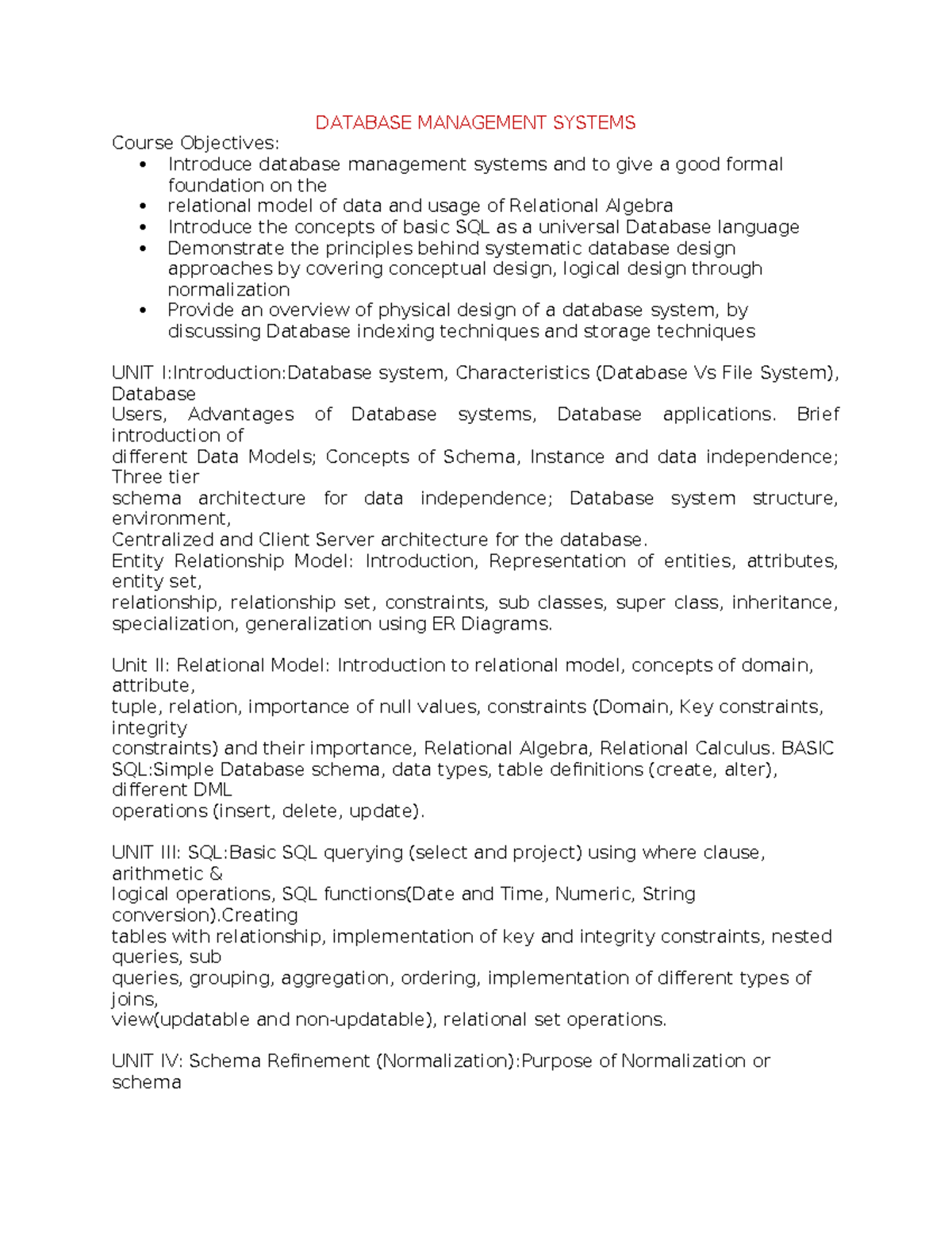 DBMS Syllabus Minor - Course Objectives and Topics Overview - Studocu