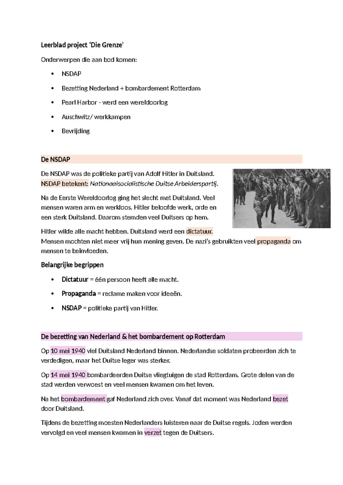 Leerblad Geschiedenis: NSDAP, Bezetting Nederland & Wereldoorlog ...
