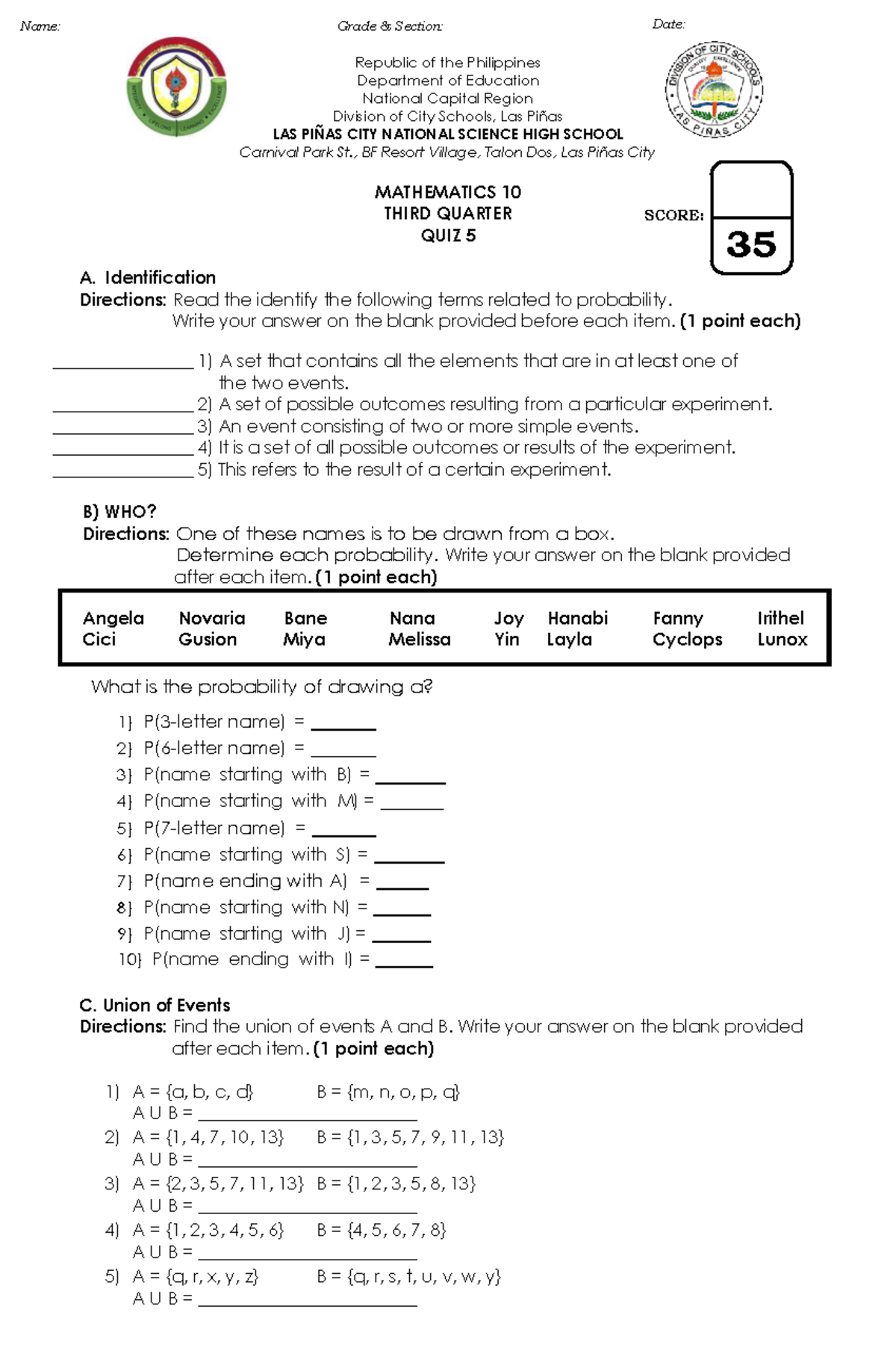 MATHEMATICS 10 QUIZ 3 - Republic of the Philippines Department of ...