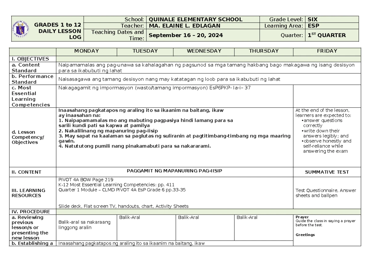 DLL ESP6Q1W4 - Daily Lesson Log for Grade 6 ESP - September 2023 - Studocu