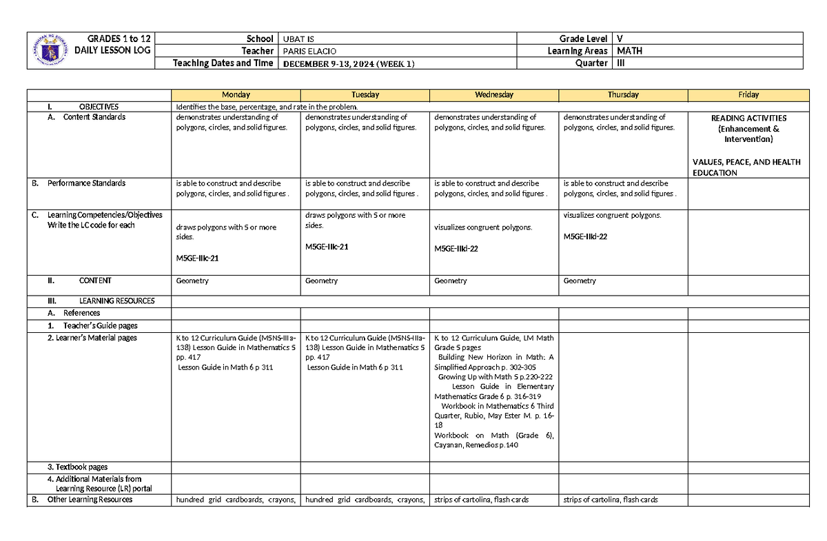 Grade 5 DLL MATH 5 Q3 Week 1 - GRADES 1 to 12 DAILY LESSON LOG School ...