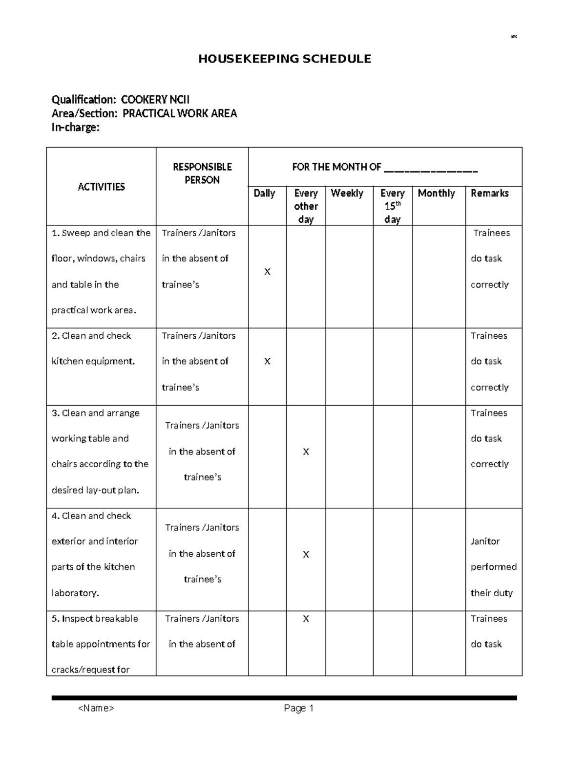 Housekeeping Schedule - ASG HOUSEKEEPING SCHEDULE Qualification ...