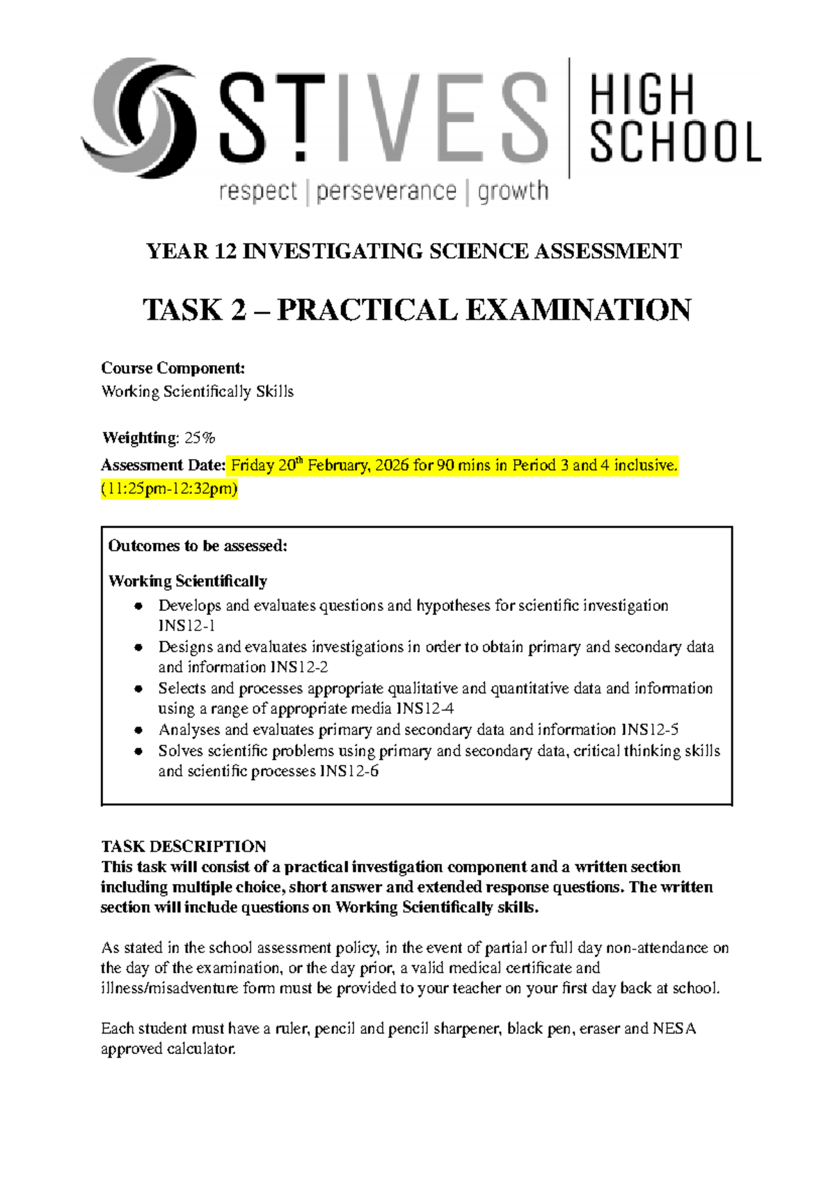 Year 12 Investigating Science Prac Exam Task 2 Notification 2026 - Studocu