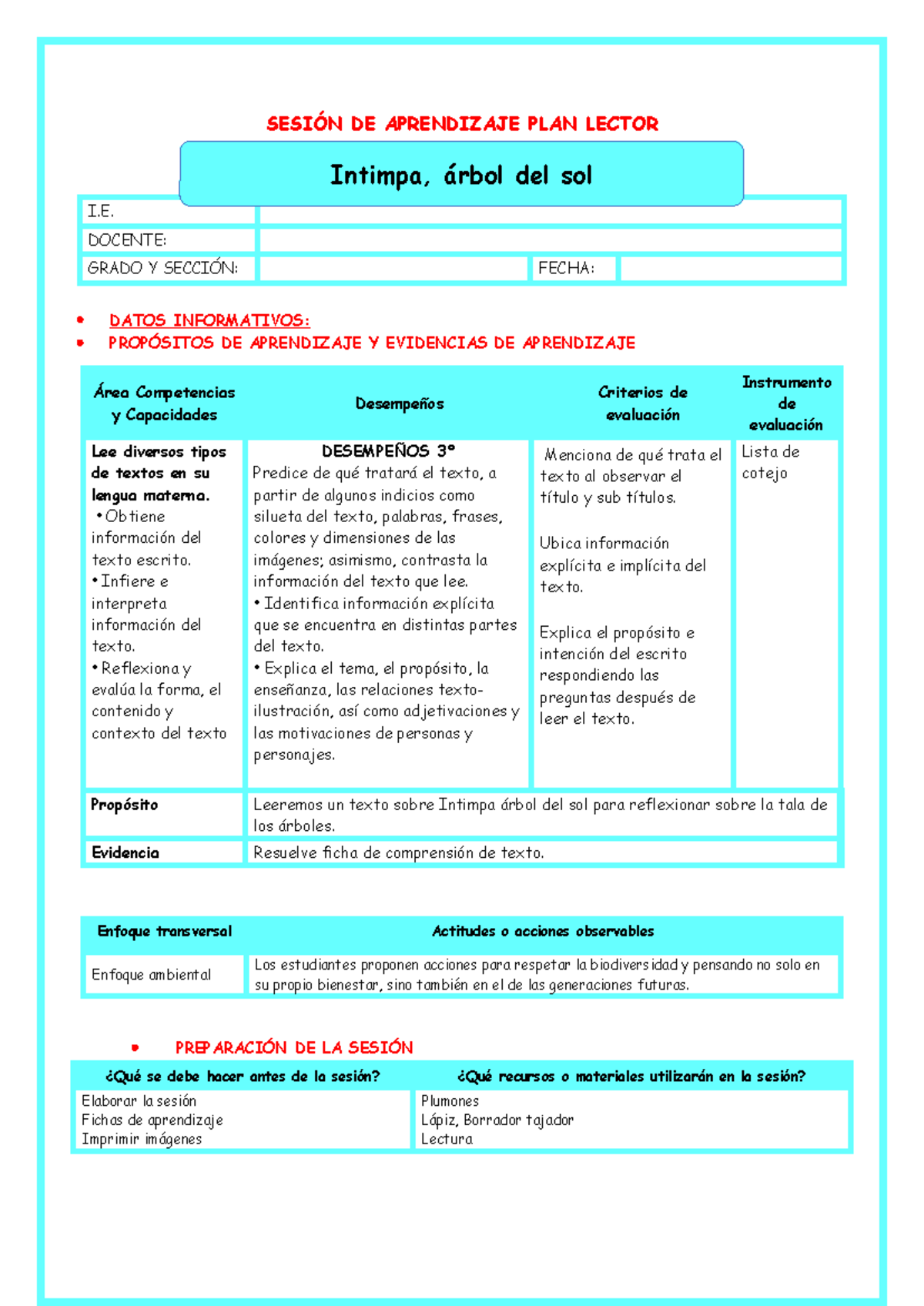 Plan Lector: Intimpa Árbol del Sol - Grado 3° SES VIER 29 - Document Preview