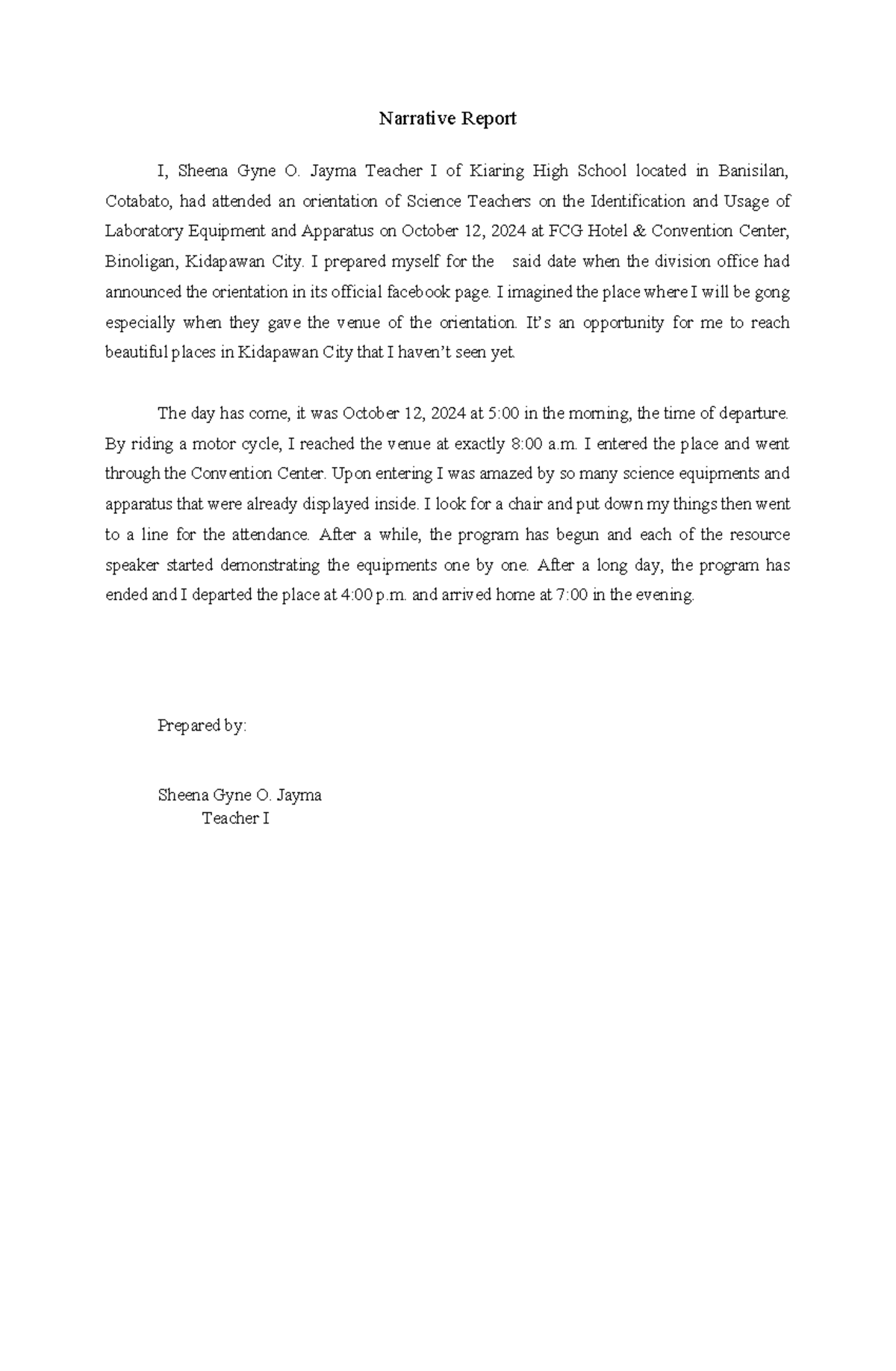 Narrative Report on Science Teachers' Orientation (Travel) - Studocu