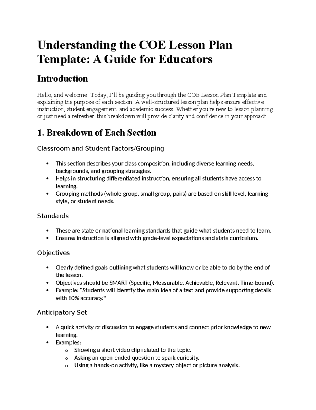 COE Lesson Plan Template: A Comprehensive Guide for Educators - Studocu