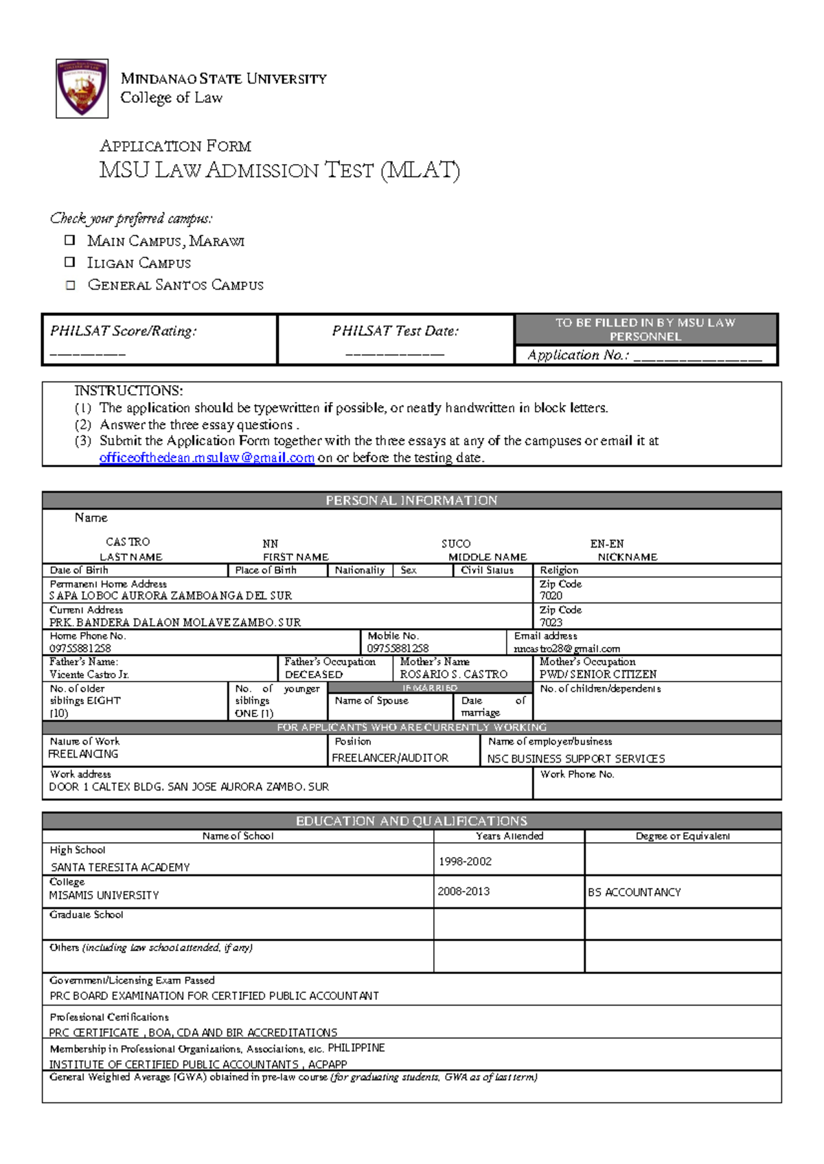 MSU LAW ADMISSION TEST (MLAT) Application Form and Instructions - Studocu