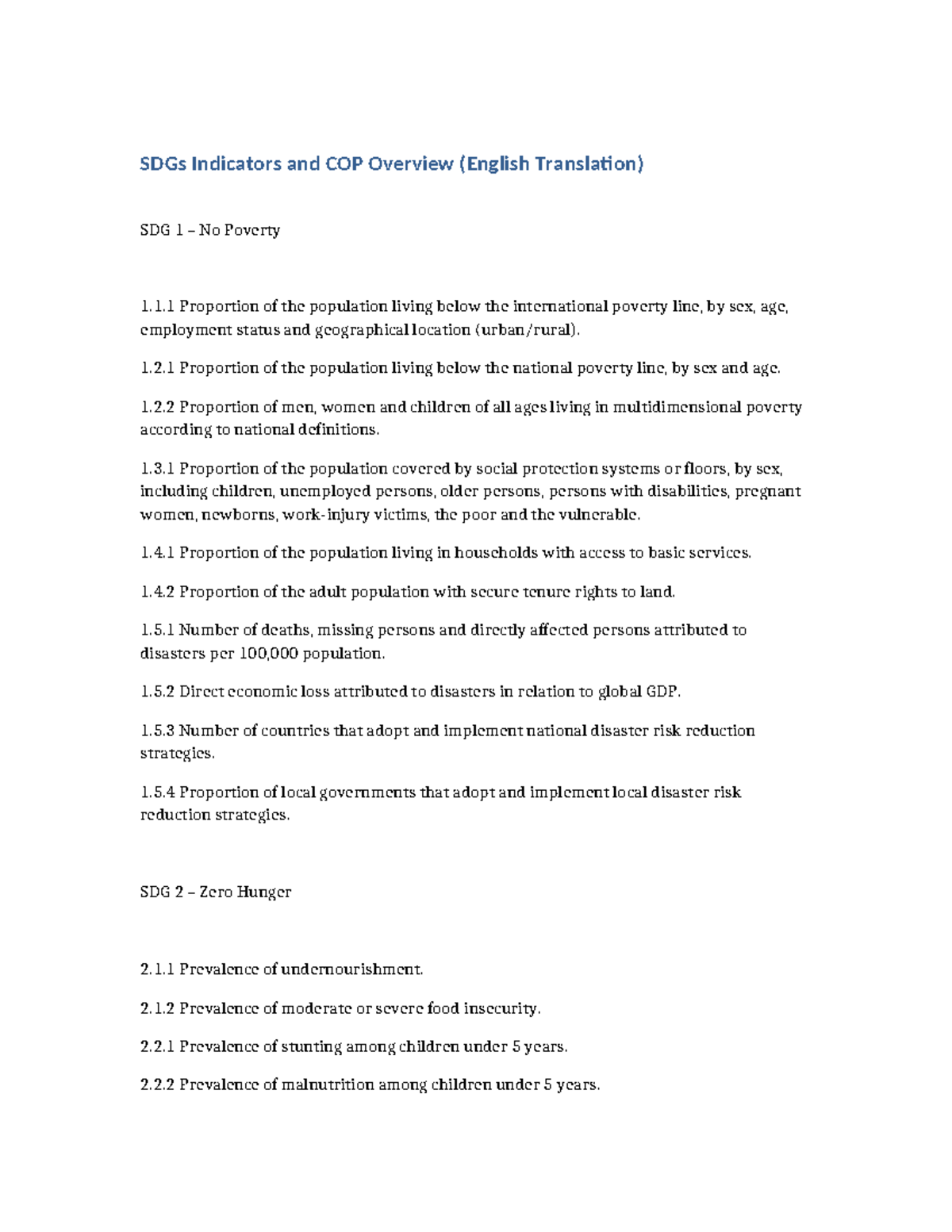 SDG Indicators Overview and COP Analysis (English Translation) - Studocu