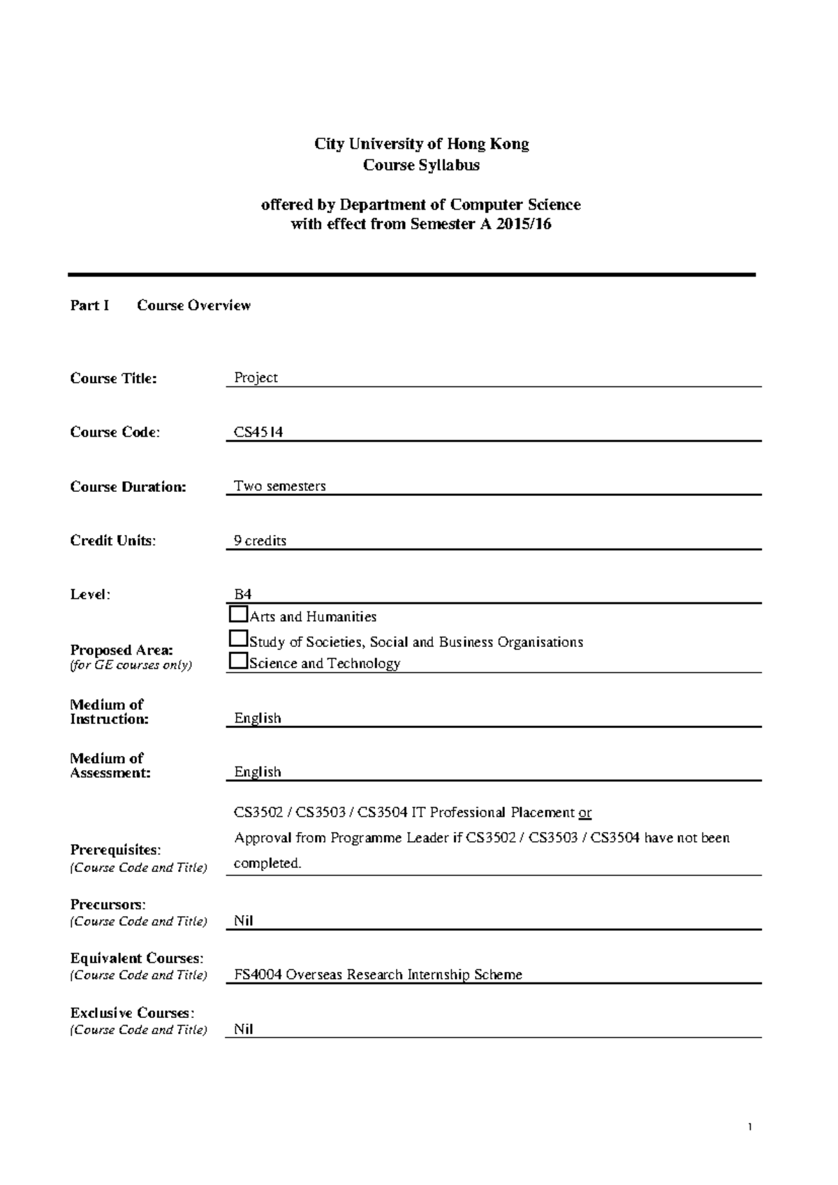 CS4514 Project Course Syllabus - City University of Hong Kong - Studocu