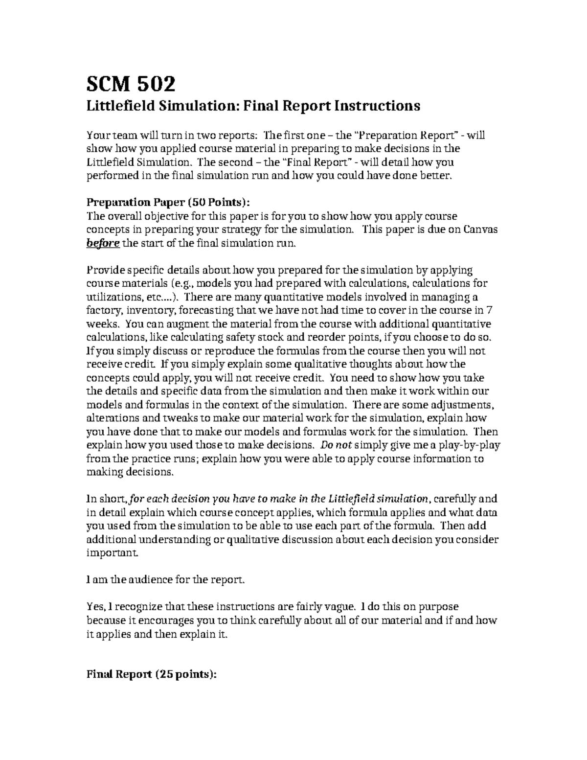 SCM 502: Littlefield Simulation Prep & Final Report Guidelines - Studocu