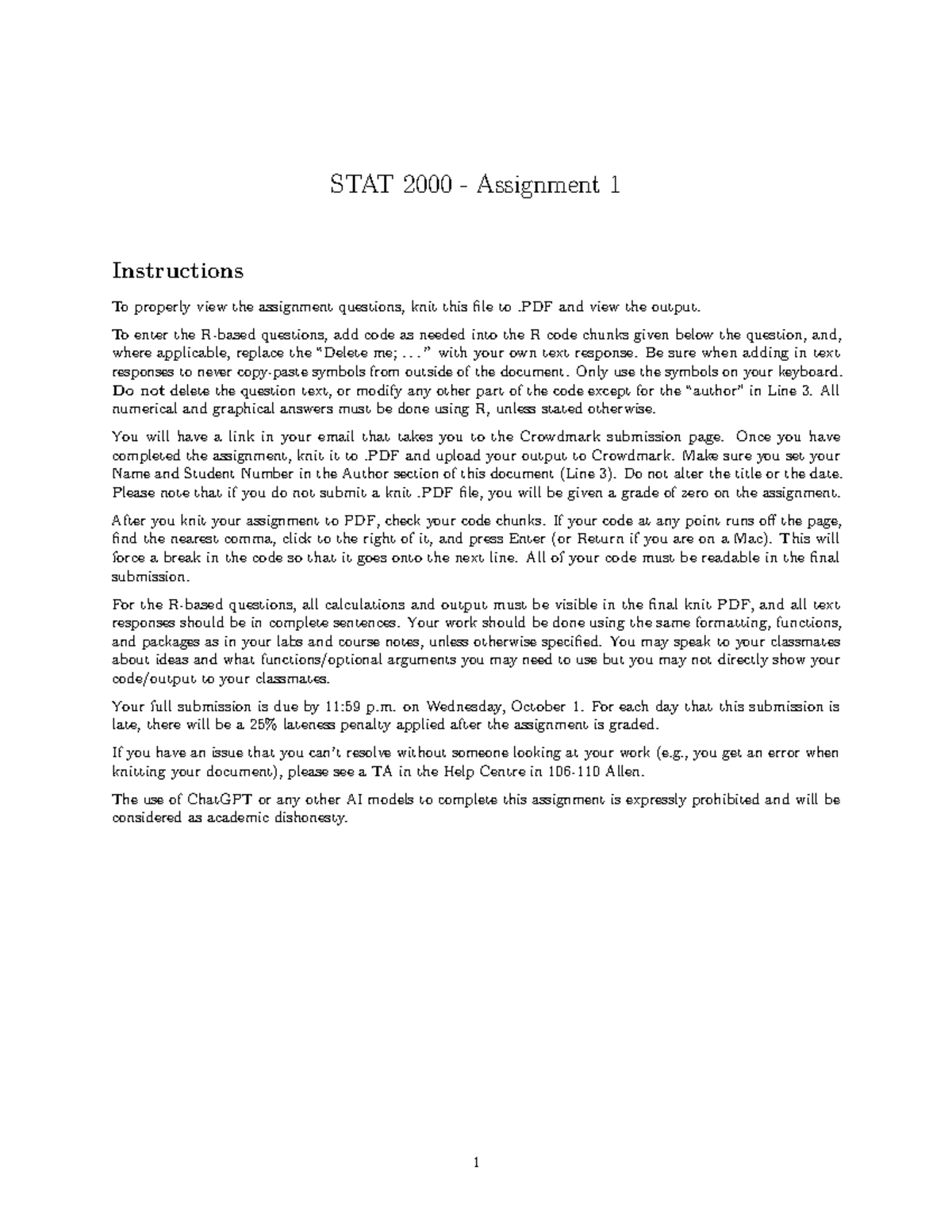 STAT 200 Assignment 1 Instructions and Questions for Winter/Fall 2026 ...