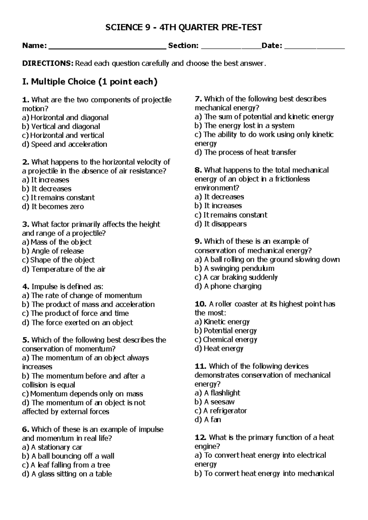 Science 9 - 4th Quarter PRE-TEST Practice Questions and Answers - Studocu