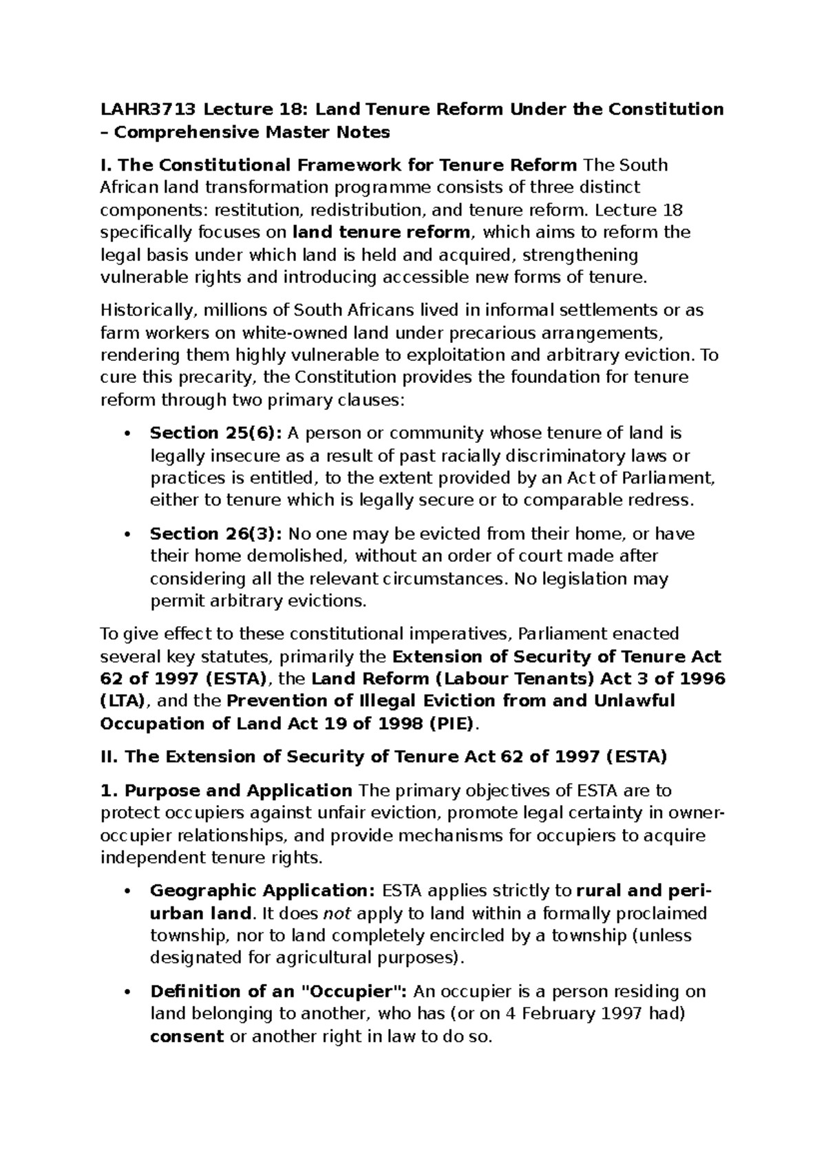 LAHR3713 Lecture 18: Comprehensive Notes on Land Tenure Reform - Studocu