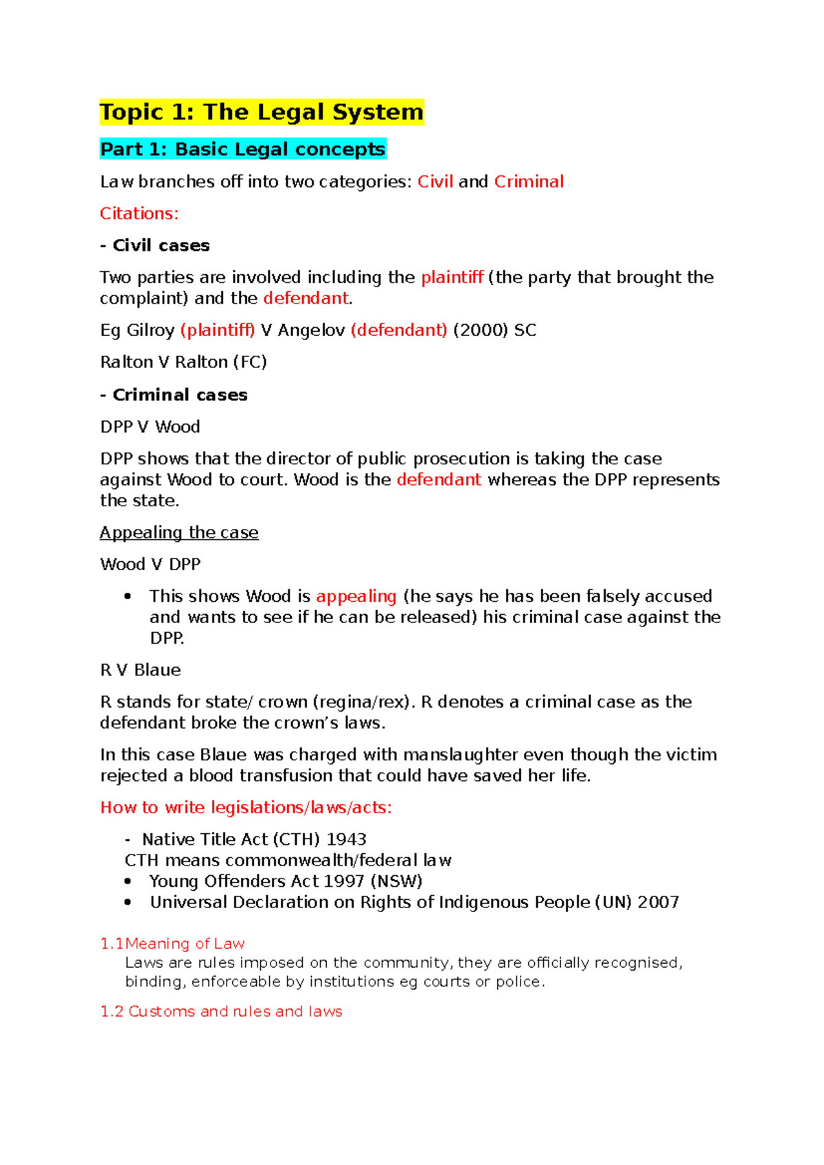 Legal notes - Topic 1: The Legal System Part 1: Basic Legal concepts ...