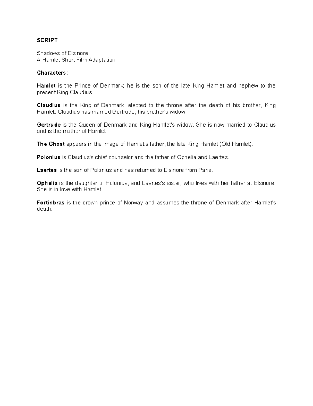 Hamlet Script: Shadows of Elsinore - A Short Film Adaptation - Studocu