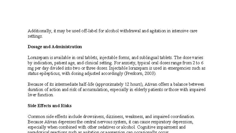 Soc7 - Ativan: Dosage, Risks, and Clinical Considerations - Studocu