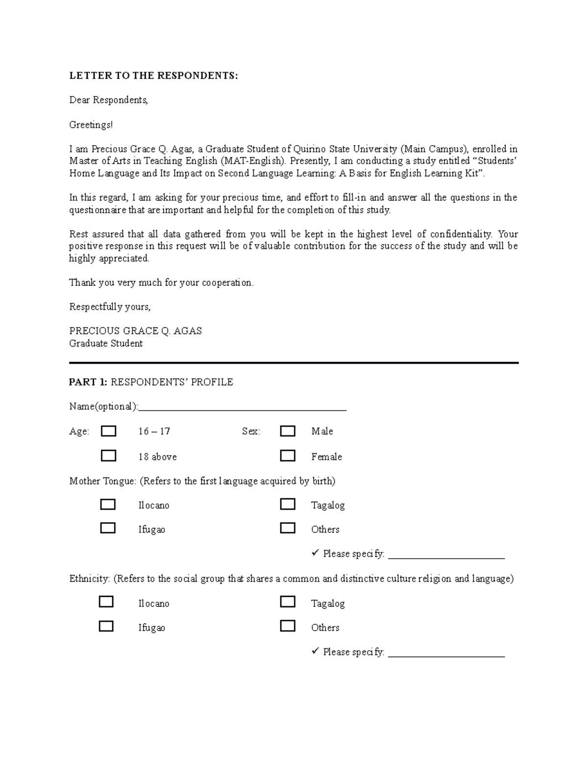 Questionnaire on Students' Home Language & Second Language Learning ...