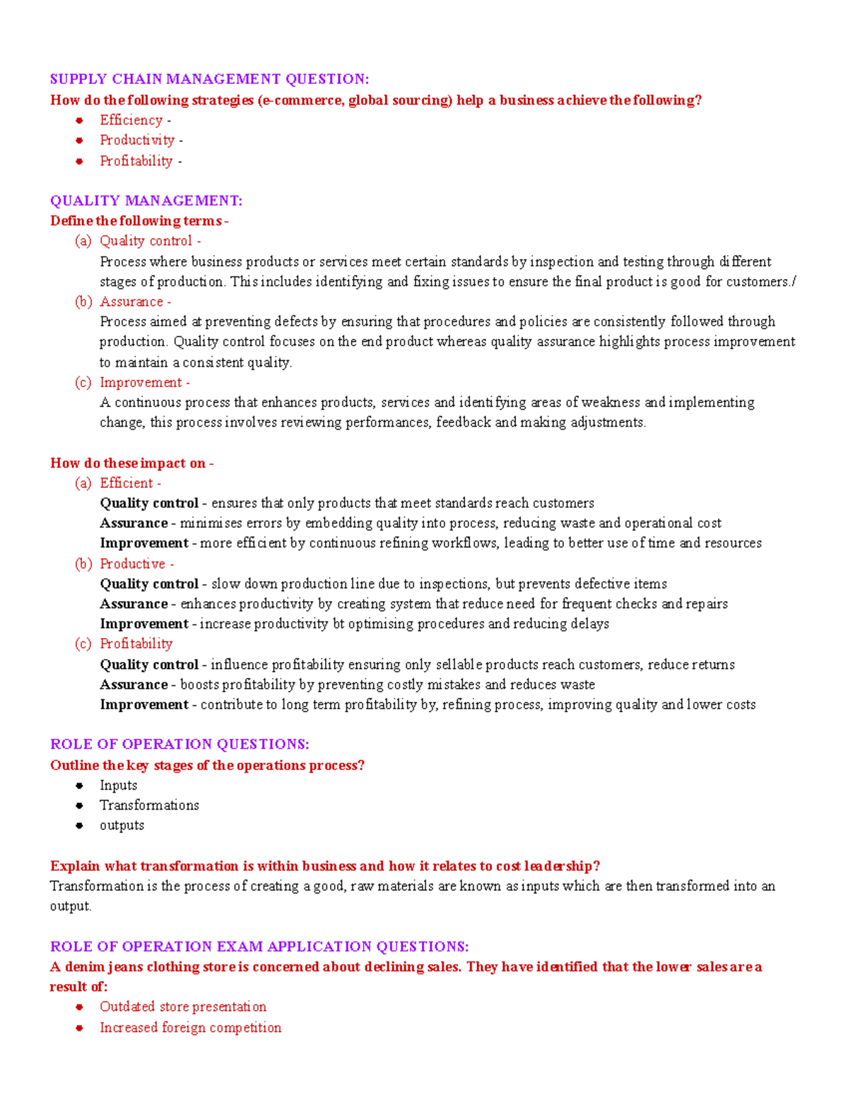 Year 12 operation questions: Supply chain management and quality ...