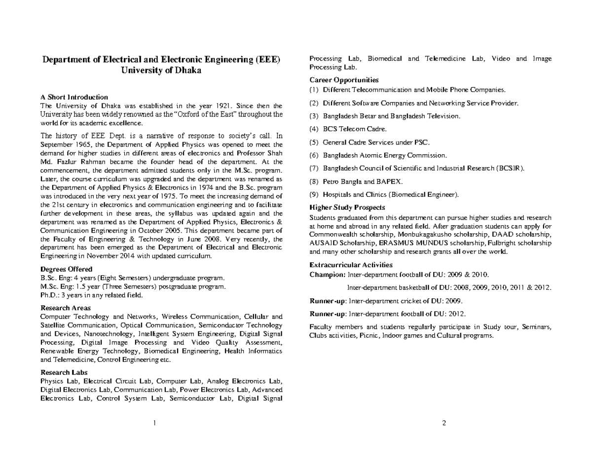 EEE DU - BSc in Electrical and Electronic Engineering Overview - Studocu
