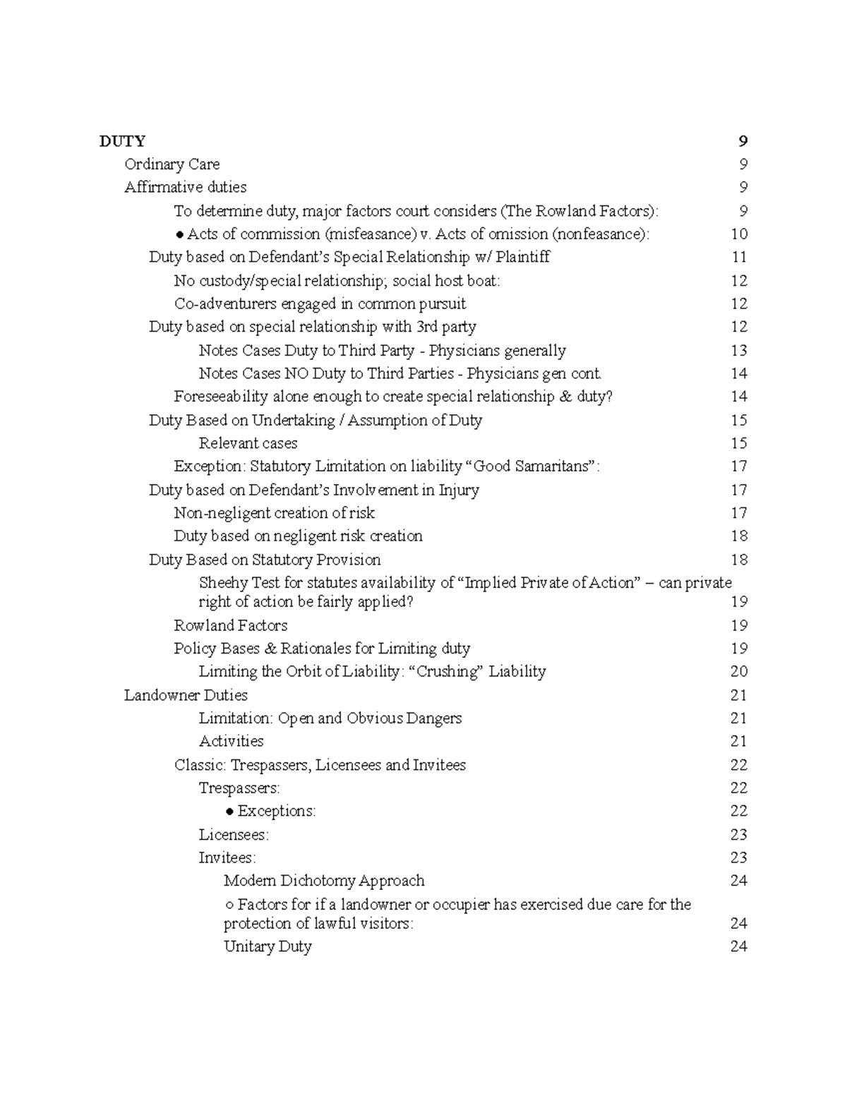 Torts Final Exam Outline (LAW 101) - Duty of Ordinary Care and ...