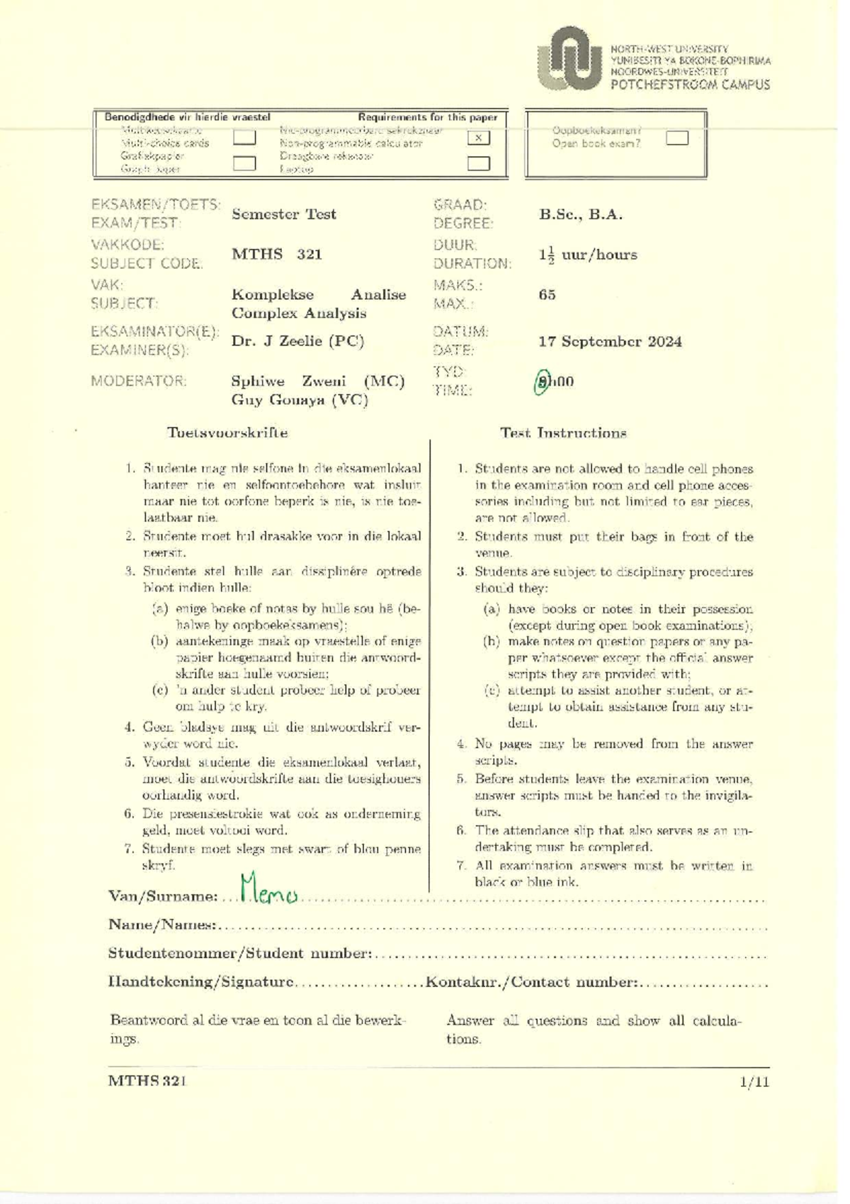 MTHS 321 Semester Test 2024 Memo: Complex Analysis Requirements - Studocu