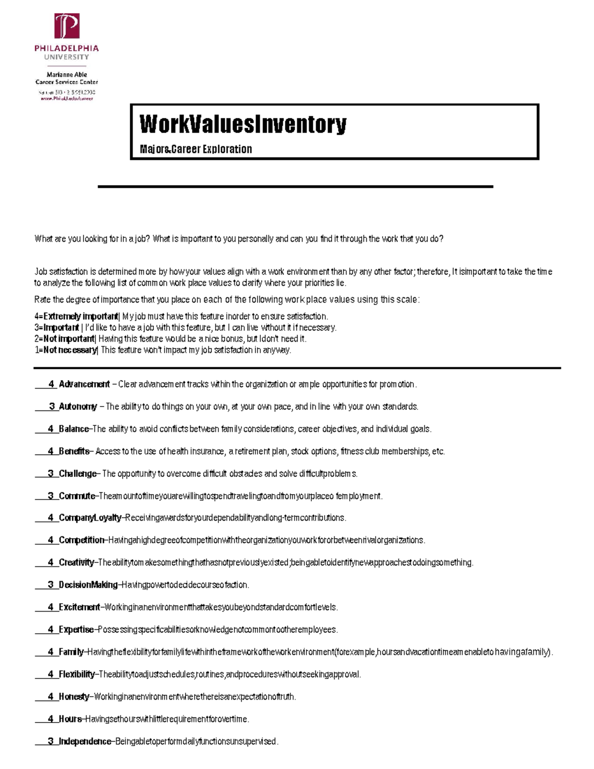 Self Assessment Work Values Inventory (1D) - Key Insights ...