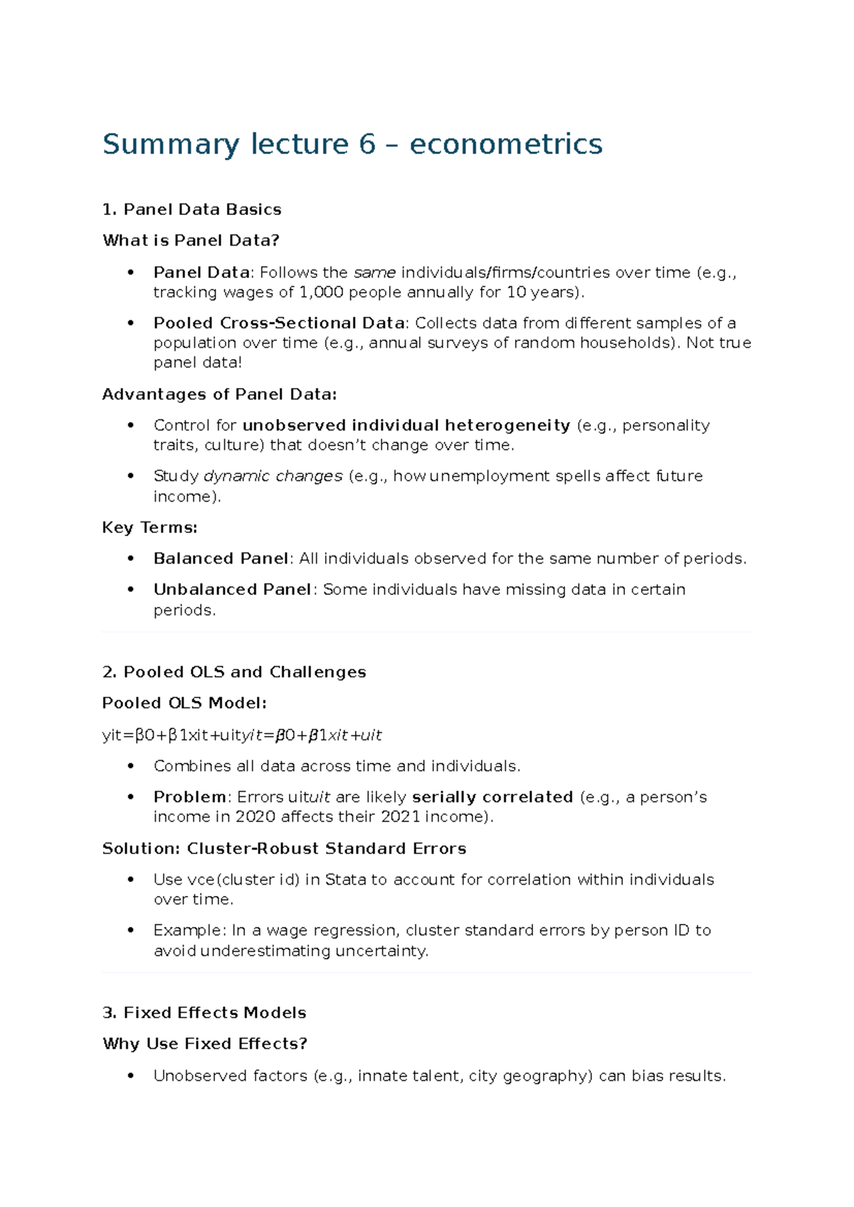 Lecture 6 Summary: Key Concepts in Econometrics and Panel Data ...