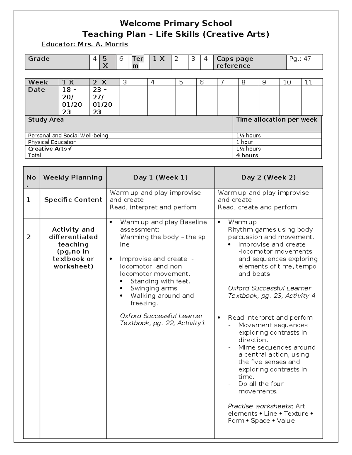 Creative Arts Teaching Plan: Life Skills for Primary School (Term 1 ...