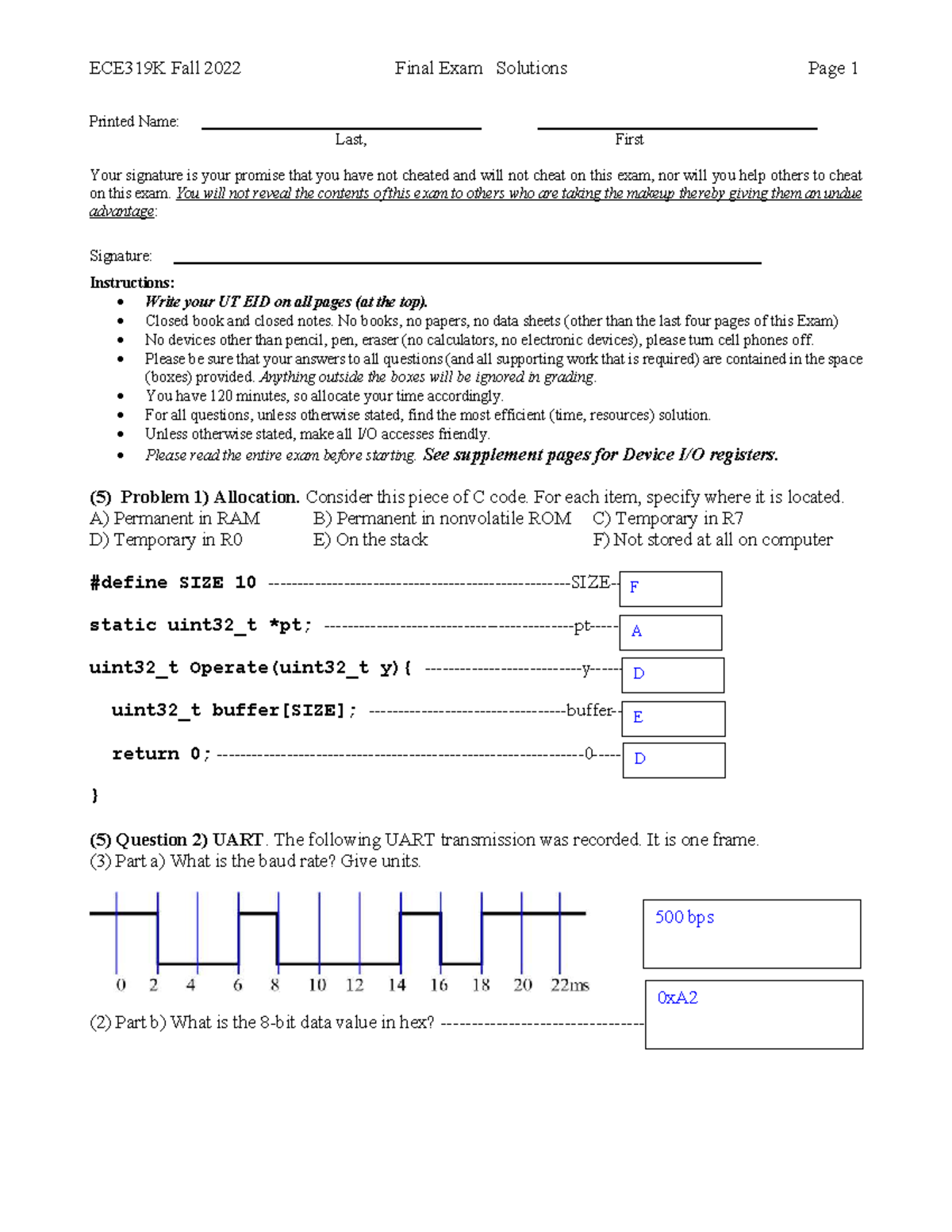 ECE319K Fall 2022 Final Exam Solutions and Notes - Printed Name: Last ...