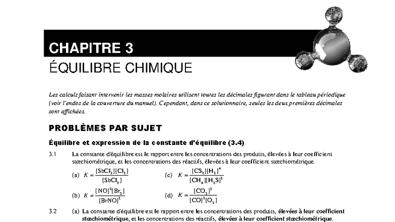 CHIMIE DES SOLUTIONS - Chapitre 3 : Équilibre Chimique (20699) - Studocu
