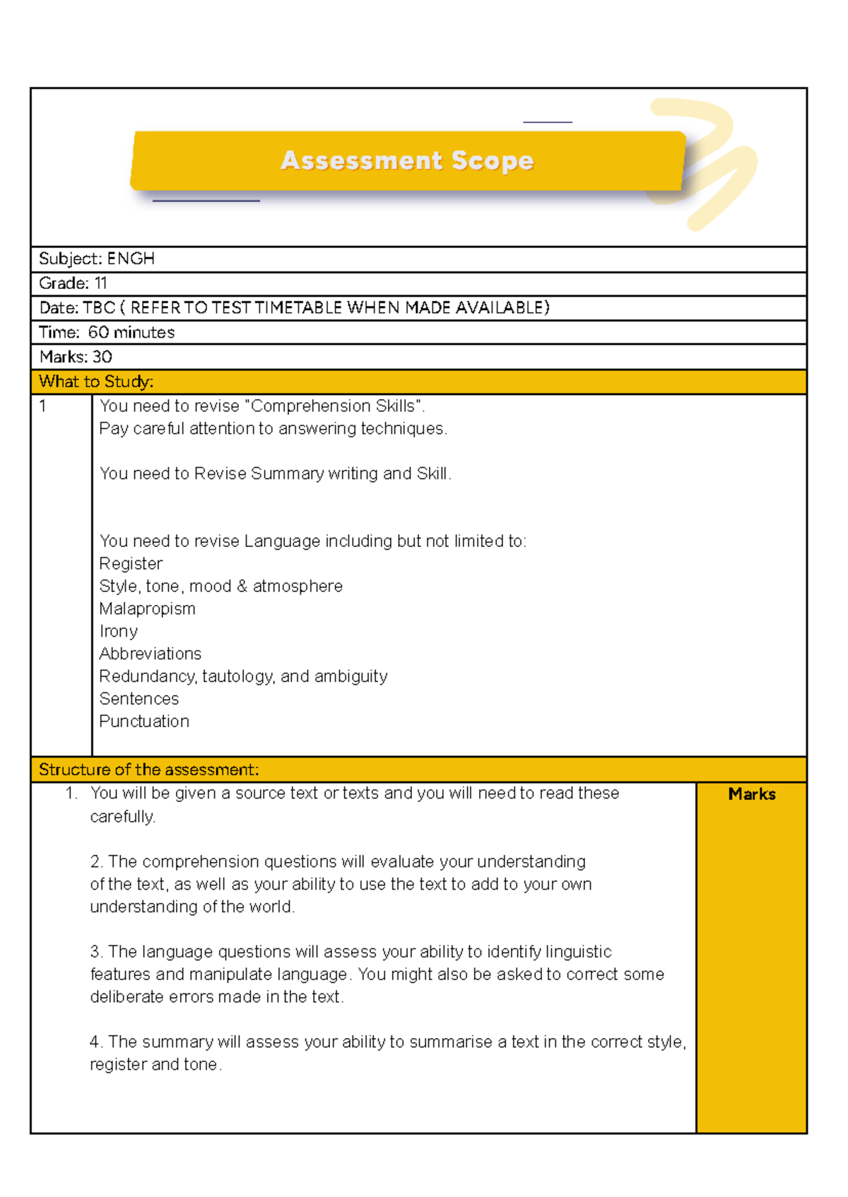 Scope Task 002a Comprehension and Summary Test - Subject: ENGH Grade ...