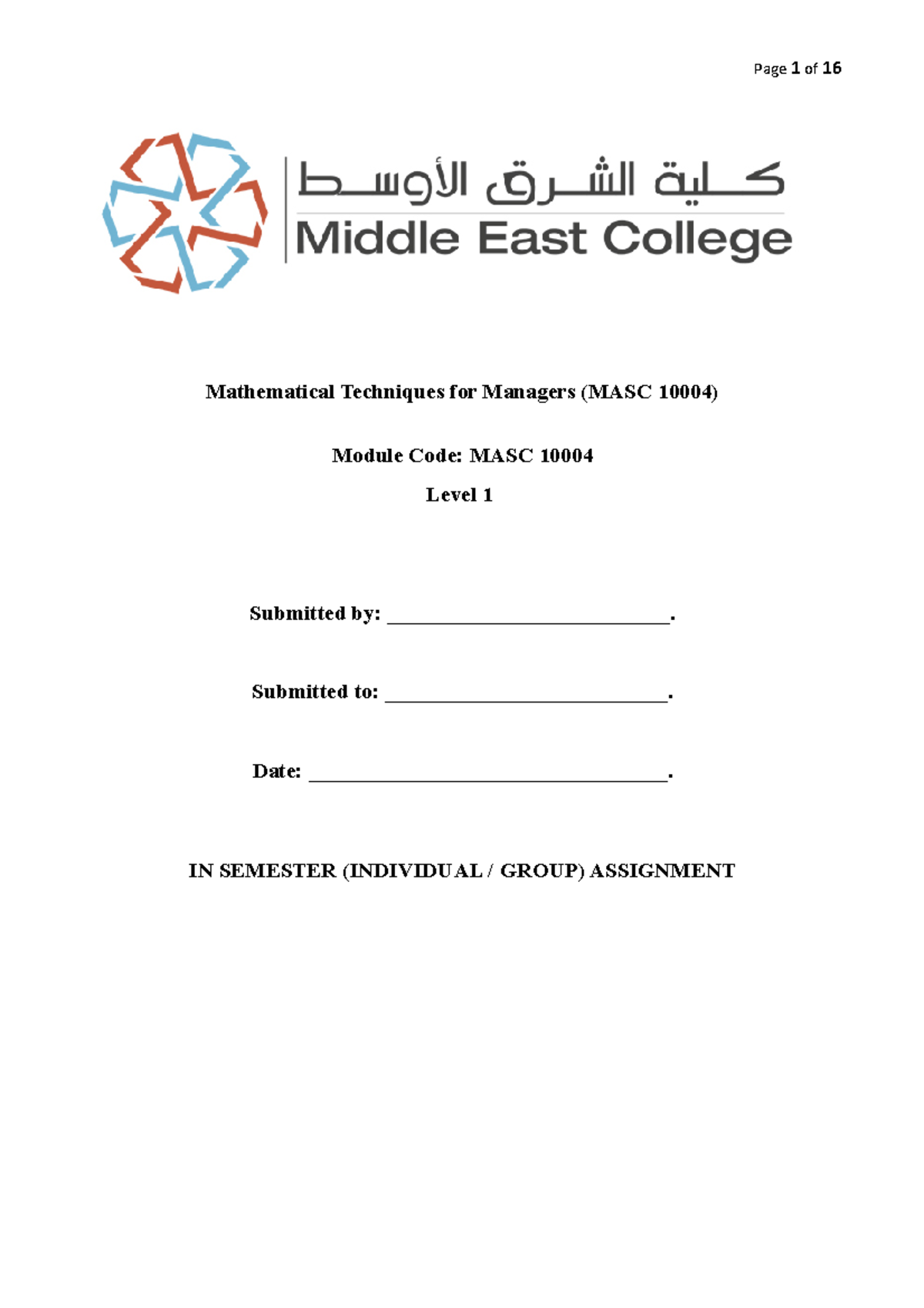 Mathematical Techniques for Managers (MASC 10004) - Assignment Notes ...