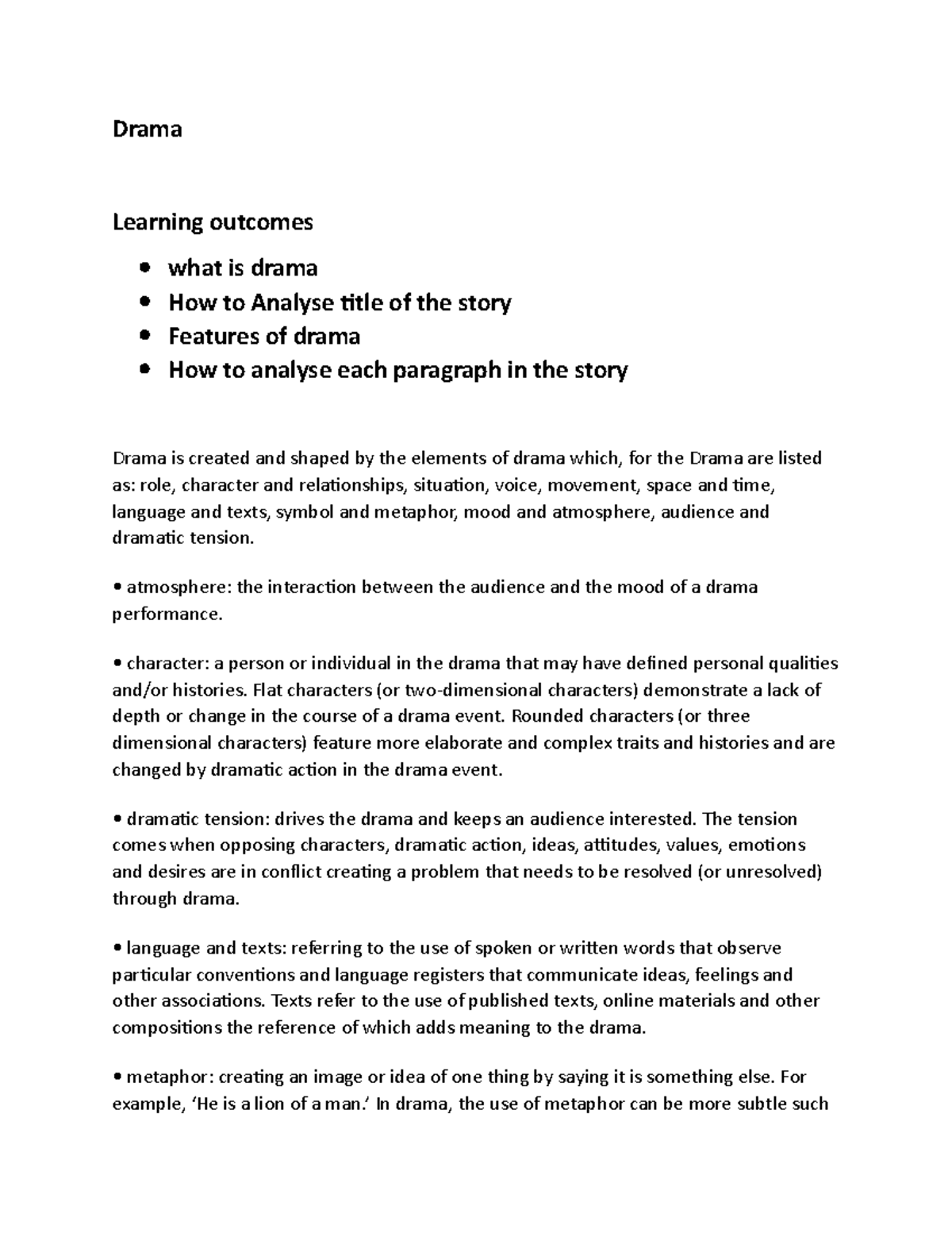 Drama Analysis - Key Features and Learning Outcomes - Studocu