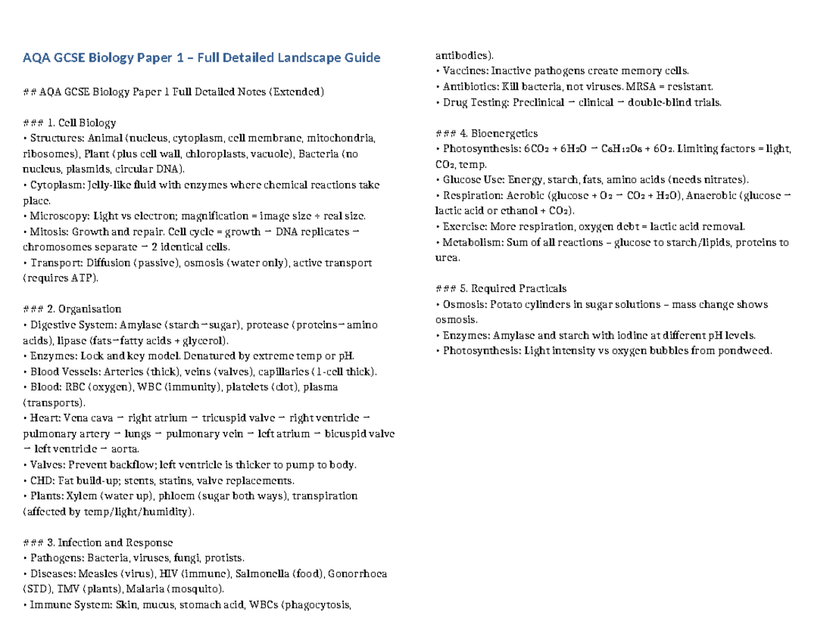 AQA GCSE Biology Paper 1 Comprehensive Study Guide - Studocu