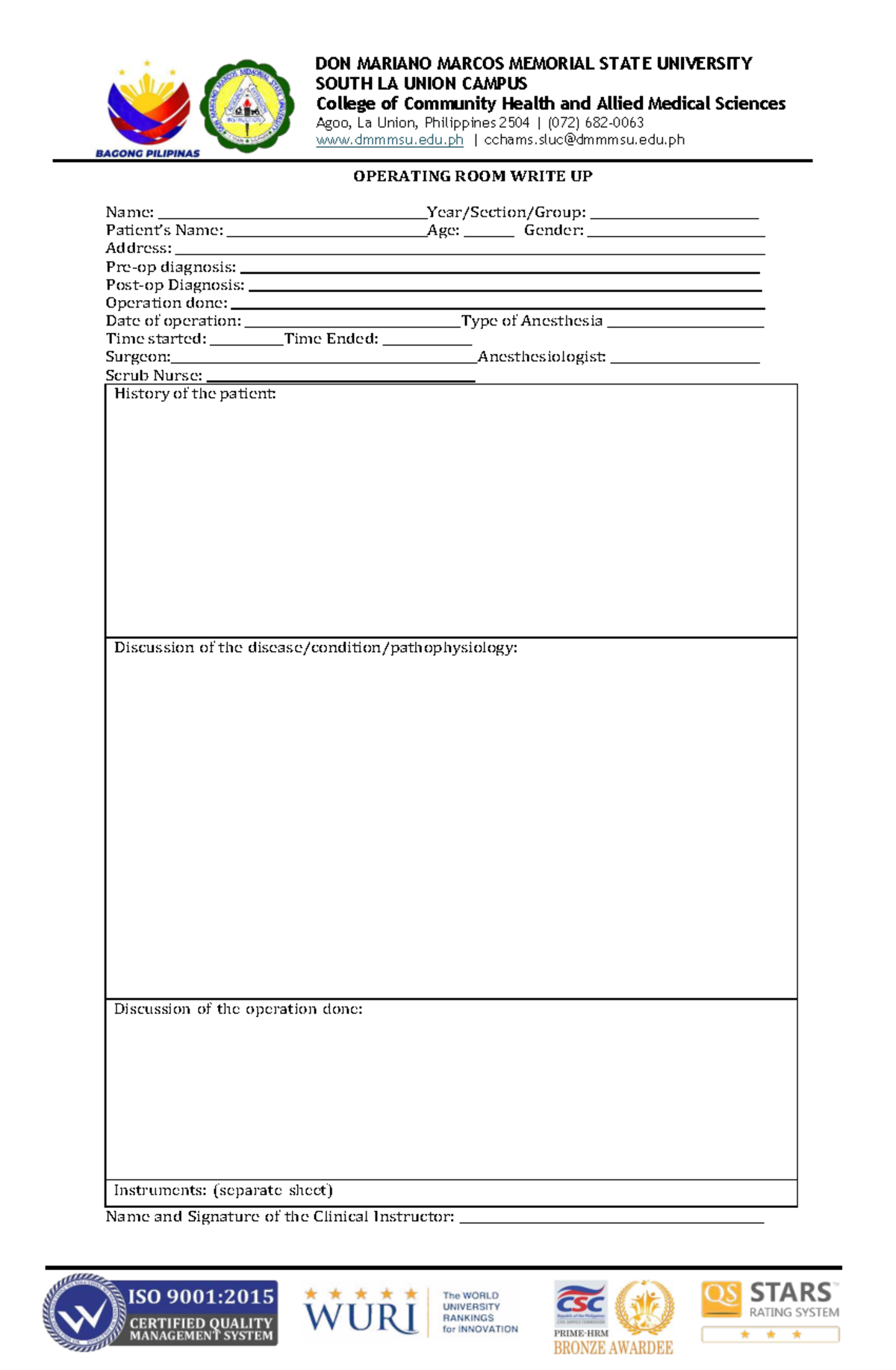 Operating Room Write-Up and Nursing Journal - BSn Requirements - Studocu