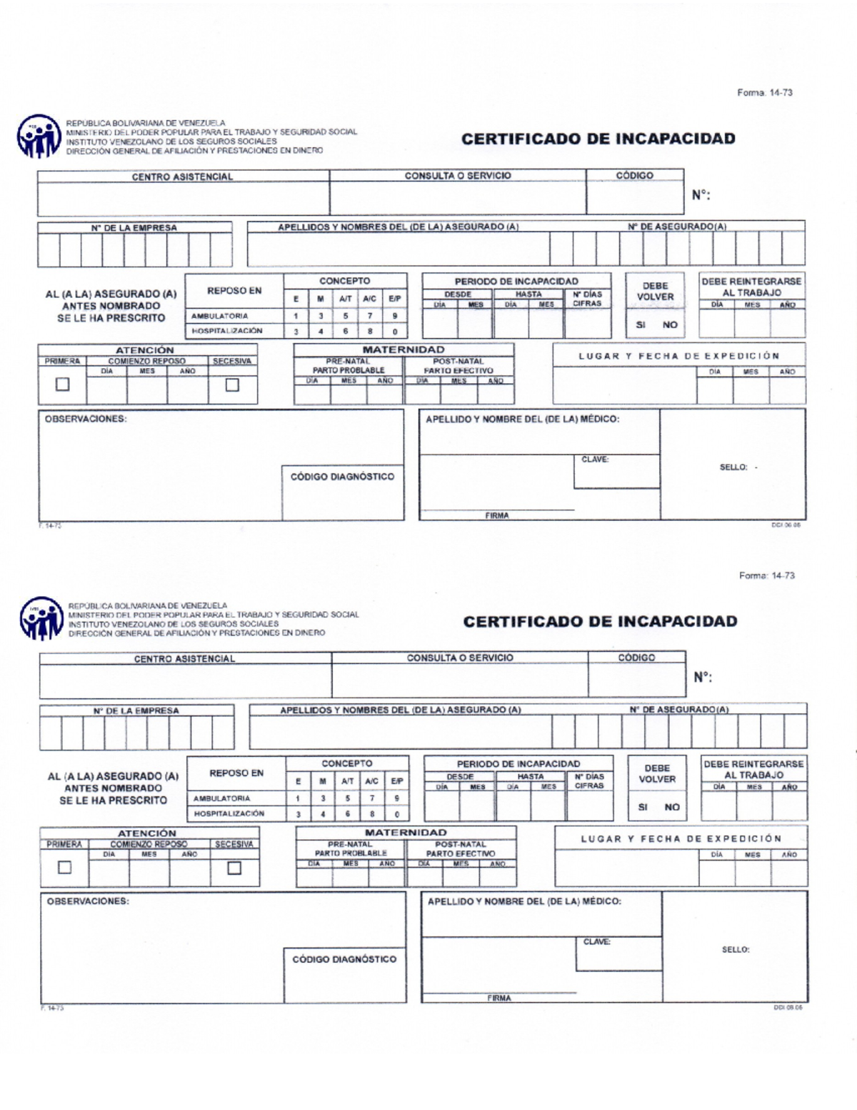 Certificado de Incapacidad IVSS 14-73 - Formato Oficial - Document Preview